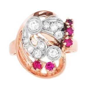 Retro 1940s Diamond and Ruby Asymmetrical Ring in 14K Rose and White Gold