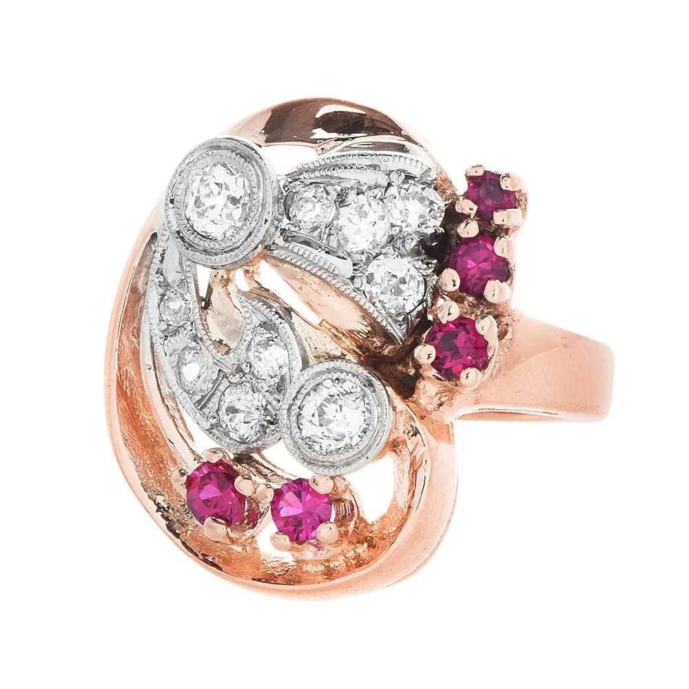 Retro 1940s Diamond and Ruby Asymmetrical Ring in 14K Rose and White Gold
