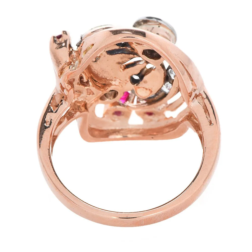 Retro 1940s Diamond and Ruby Asymmetrical Ring in 14K Rose and White Gold