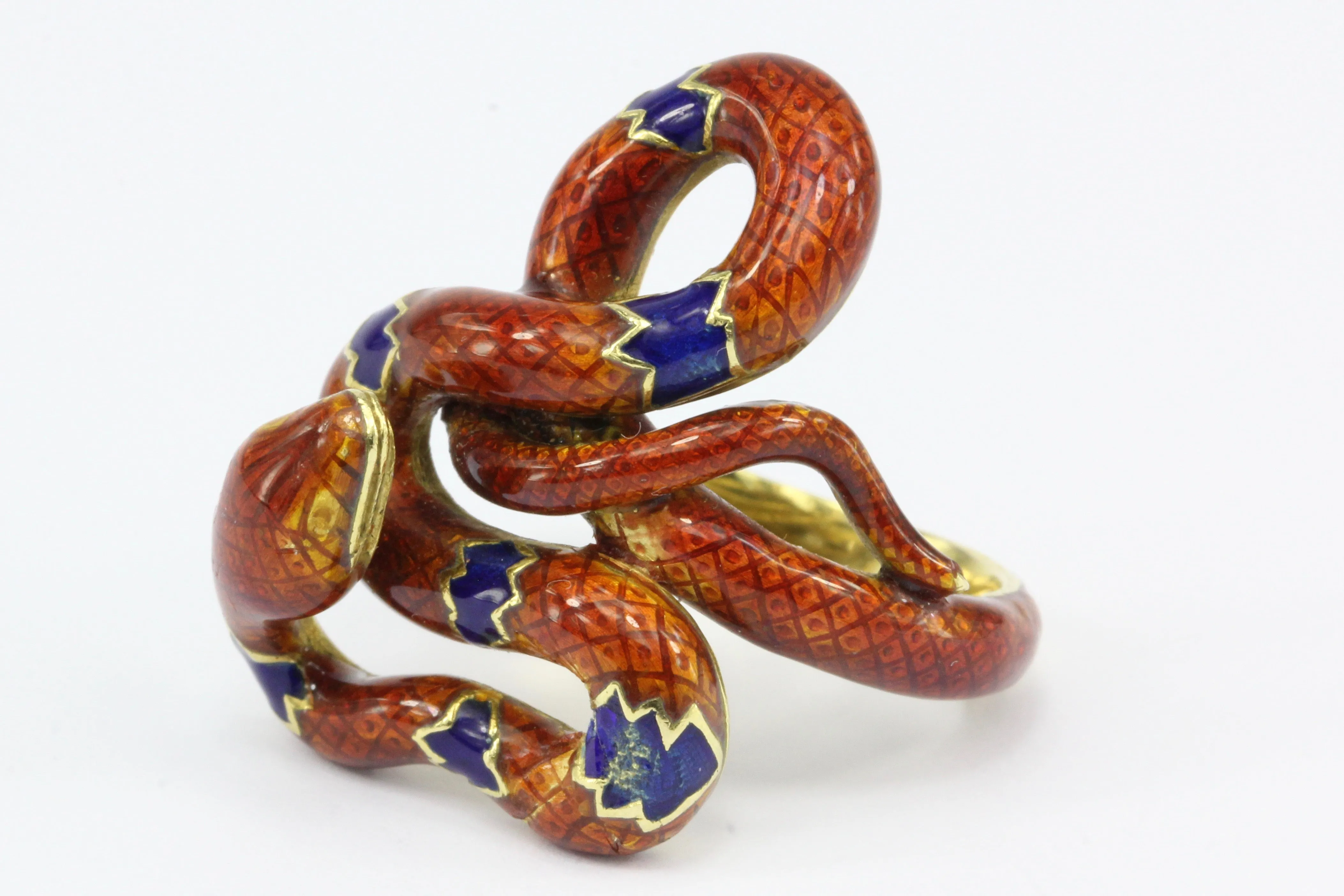 Retro 22K Yellow Gold Orange & Blue Enamel Figural Snake Ring Size 7.25