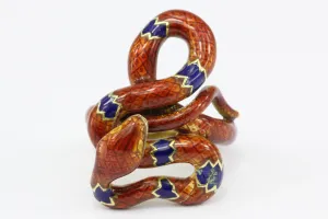 Retro 22K Yellow Gold Orange & Blue Enamel Figural Snake Ring Size 7.25