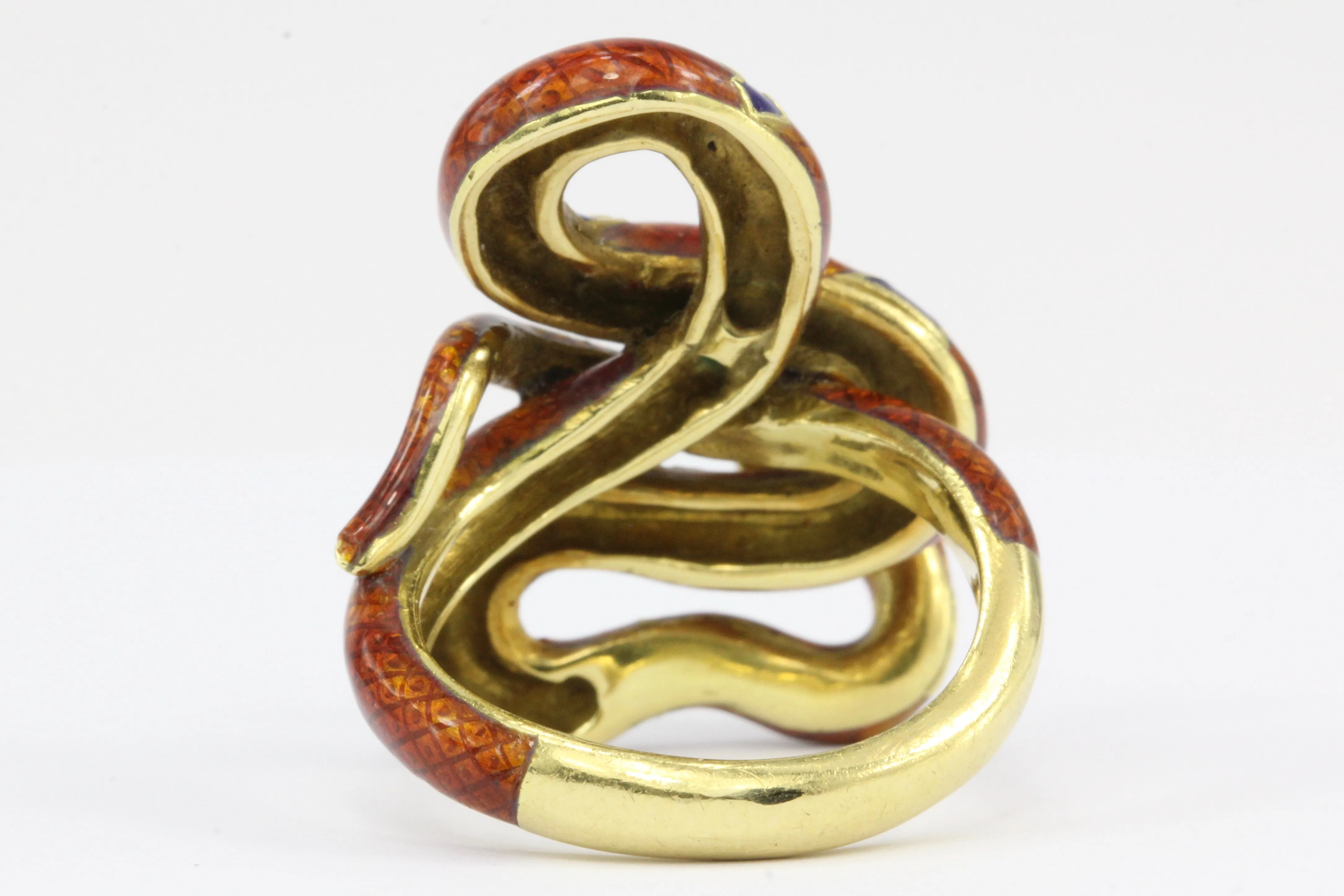 Retro 22K Yellow Gold Orange & Blue Enamel Figural Snake Ring Size 7.25