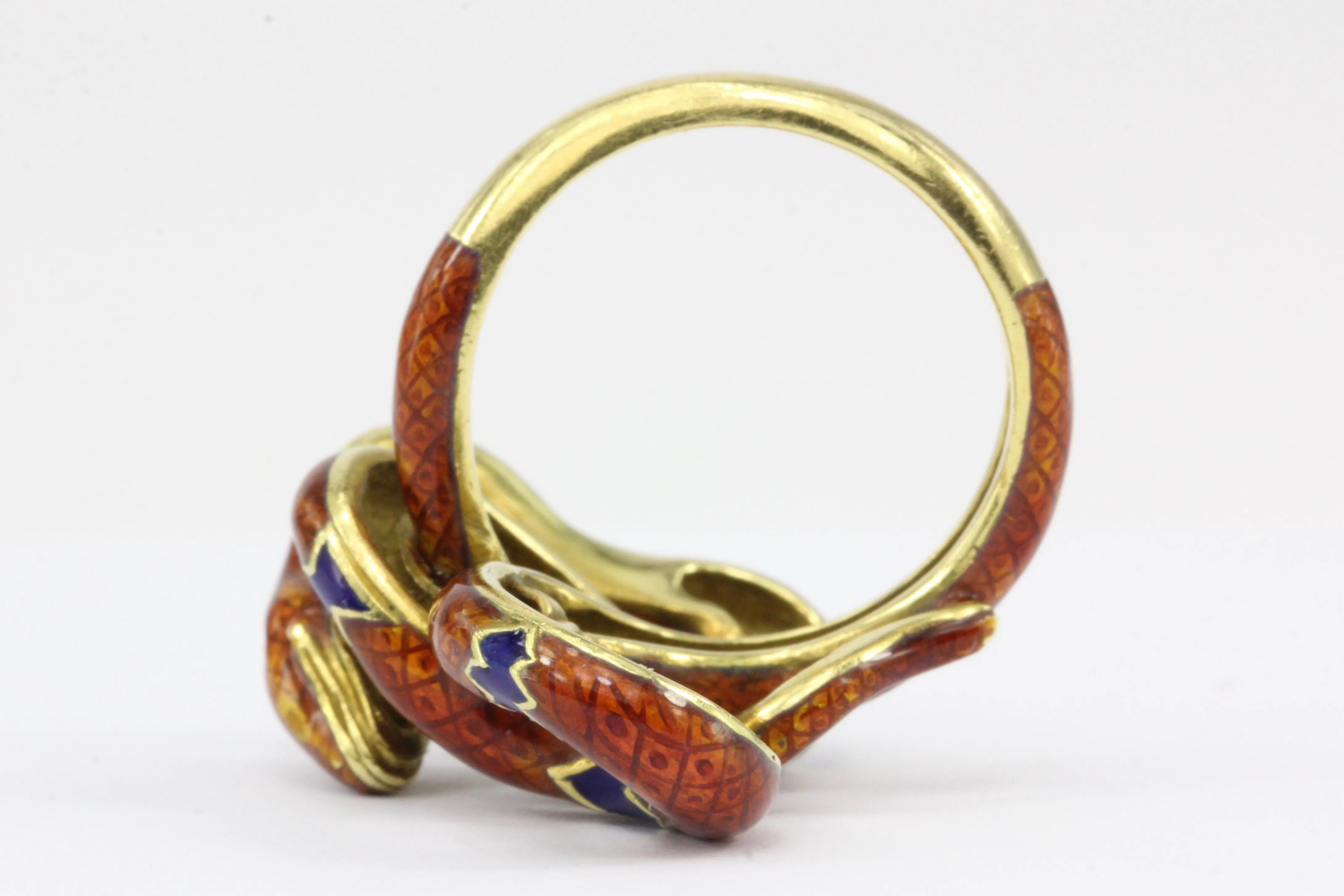 Retro 22K Yellow Gold Orange & Blue Enamel Figural Snake Ring Size 7.25