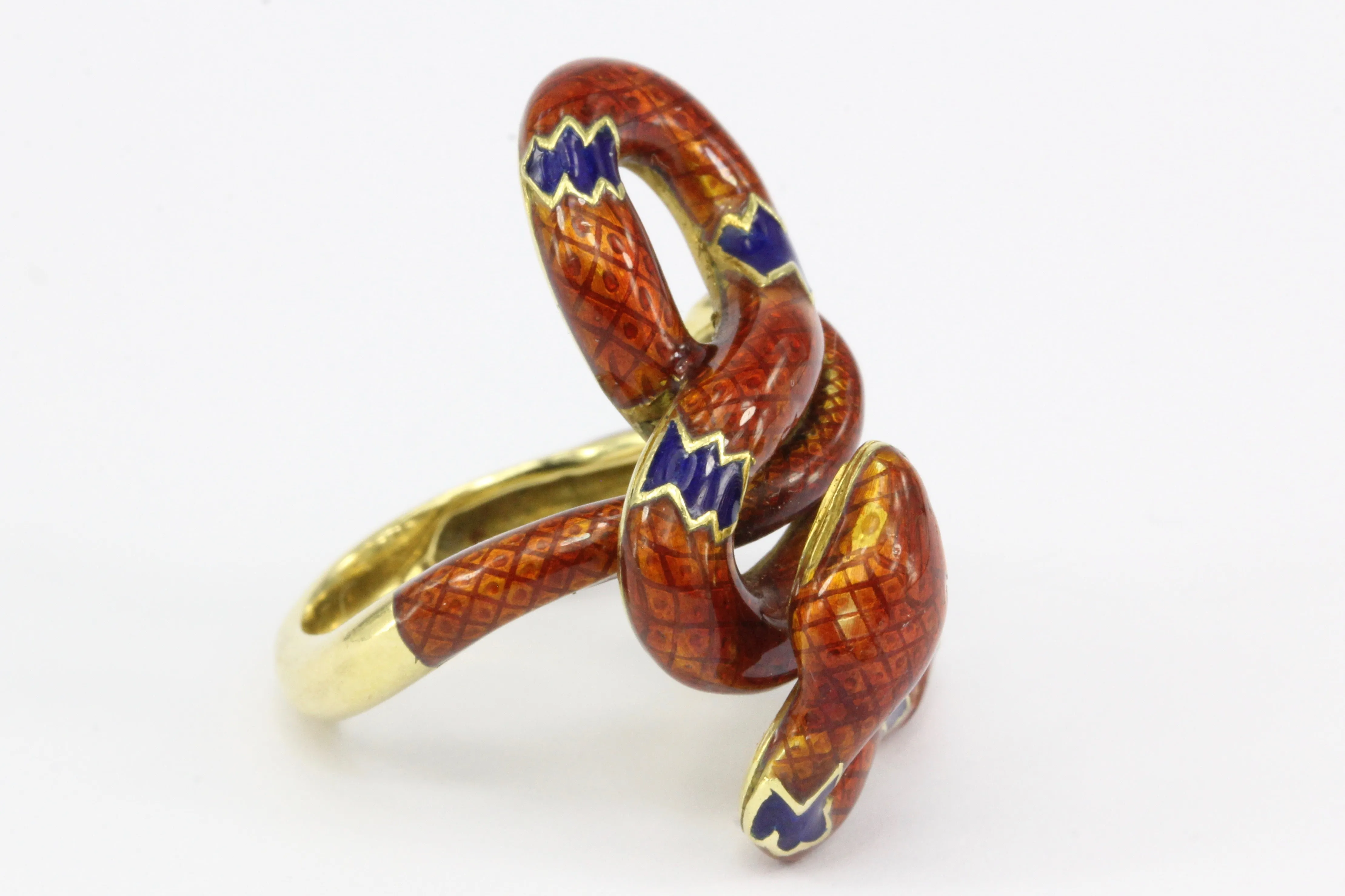 Retro 22K Yellow Gold Orange & Blue Enamel Figural Snake Ring Size 7.25