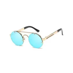 Retro Crossbar Metal Full Frame Sun Shades Sunglasses - Gole Frame   Blue Lens