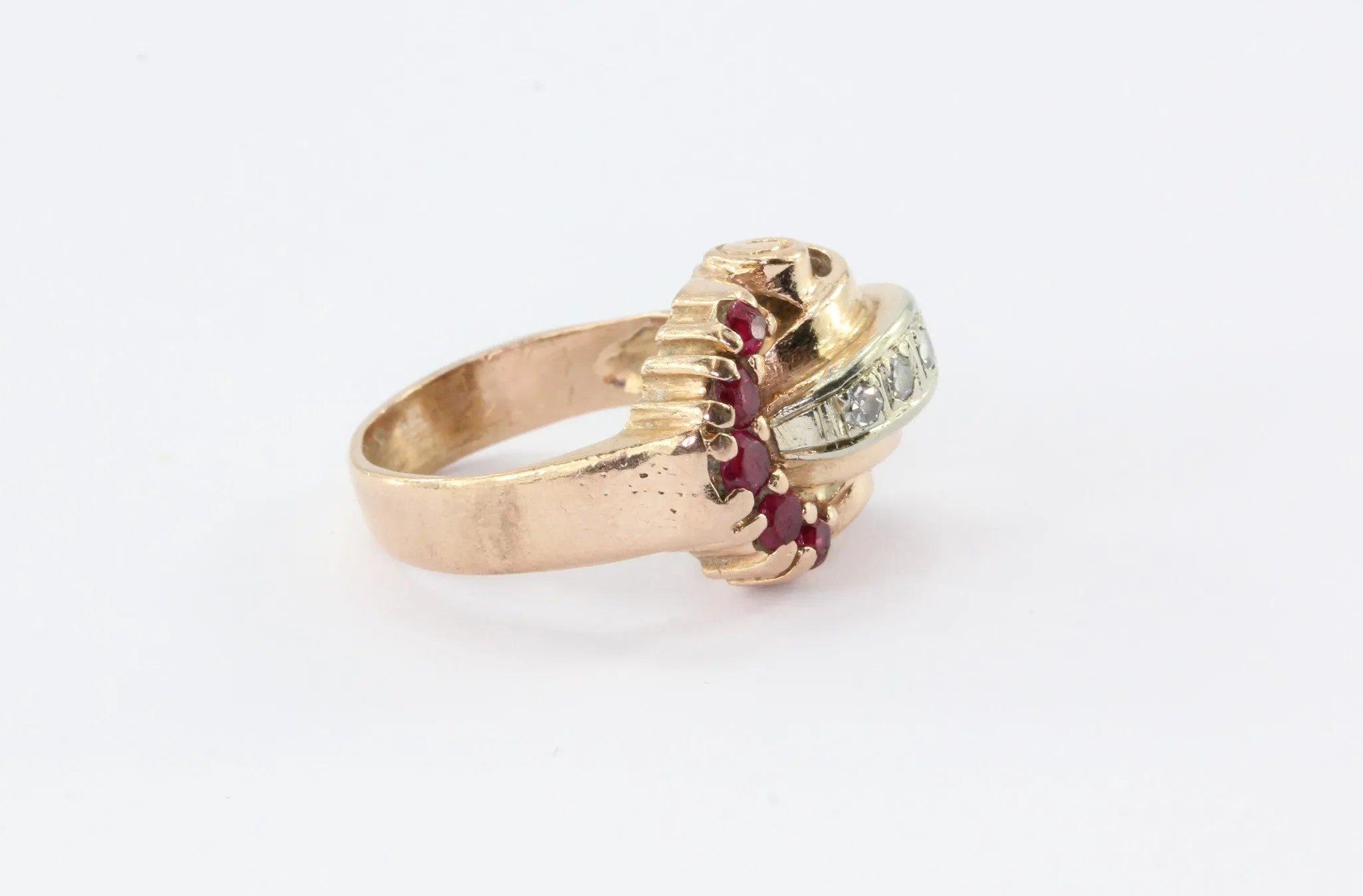 Retro Moderne 14K Rose Gold Diamond & Ruby Ring Circa 1930's