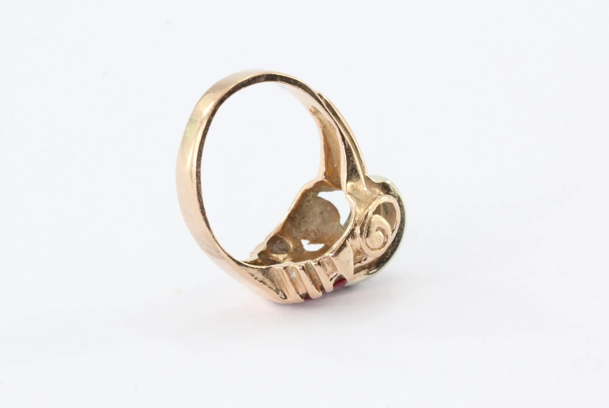 Retro Moderne 14K Rose Gold Diamond & Ruby Ring Circa 1930's