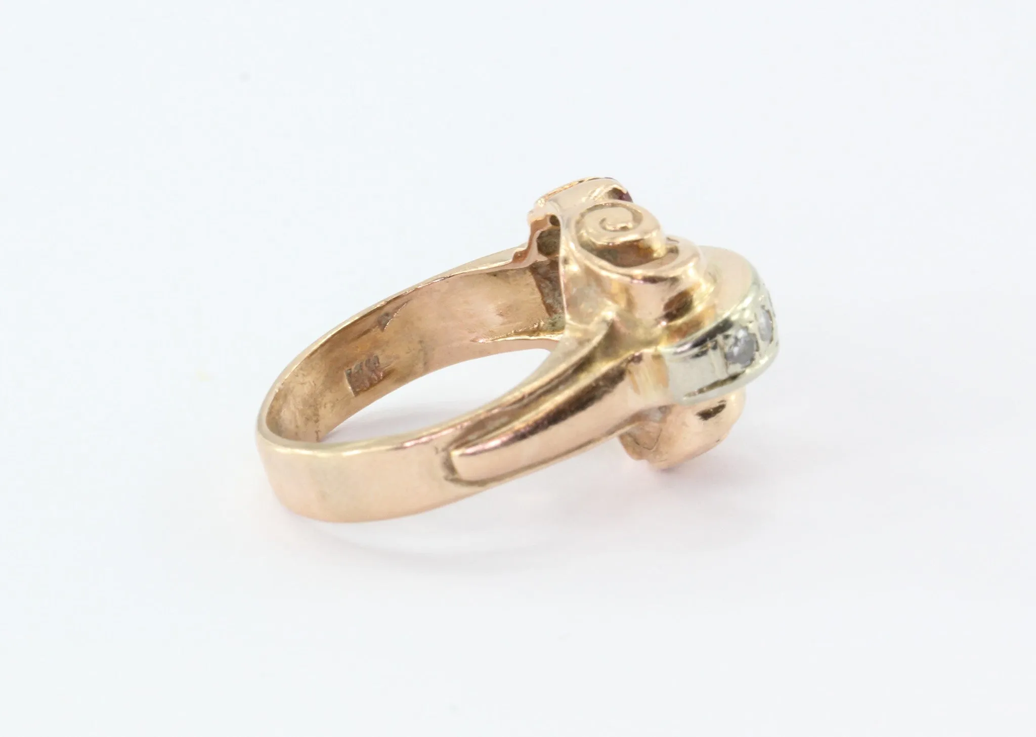 Retro Moderne 14K Rose Gold Diamond & Ruby Ring Circa 1930's