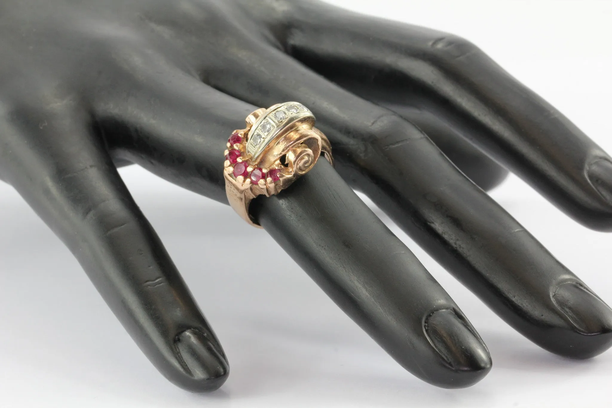 Retro Moderne 14K Rose Gold Diamond & Ruby Ring Circa 1930's