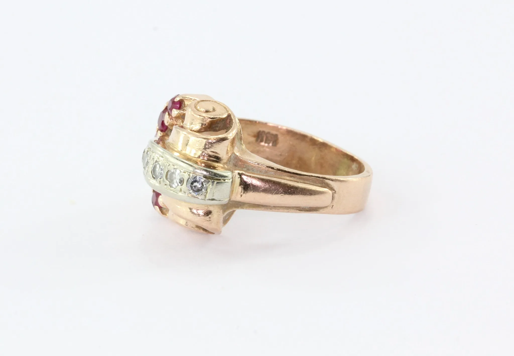 Retro Moderne 14K Rose Gold Diamond & Ruby Ring Circa 1930's