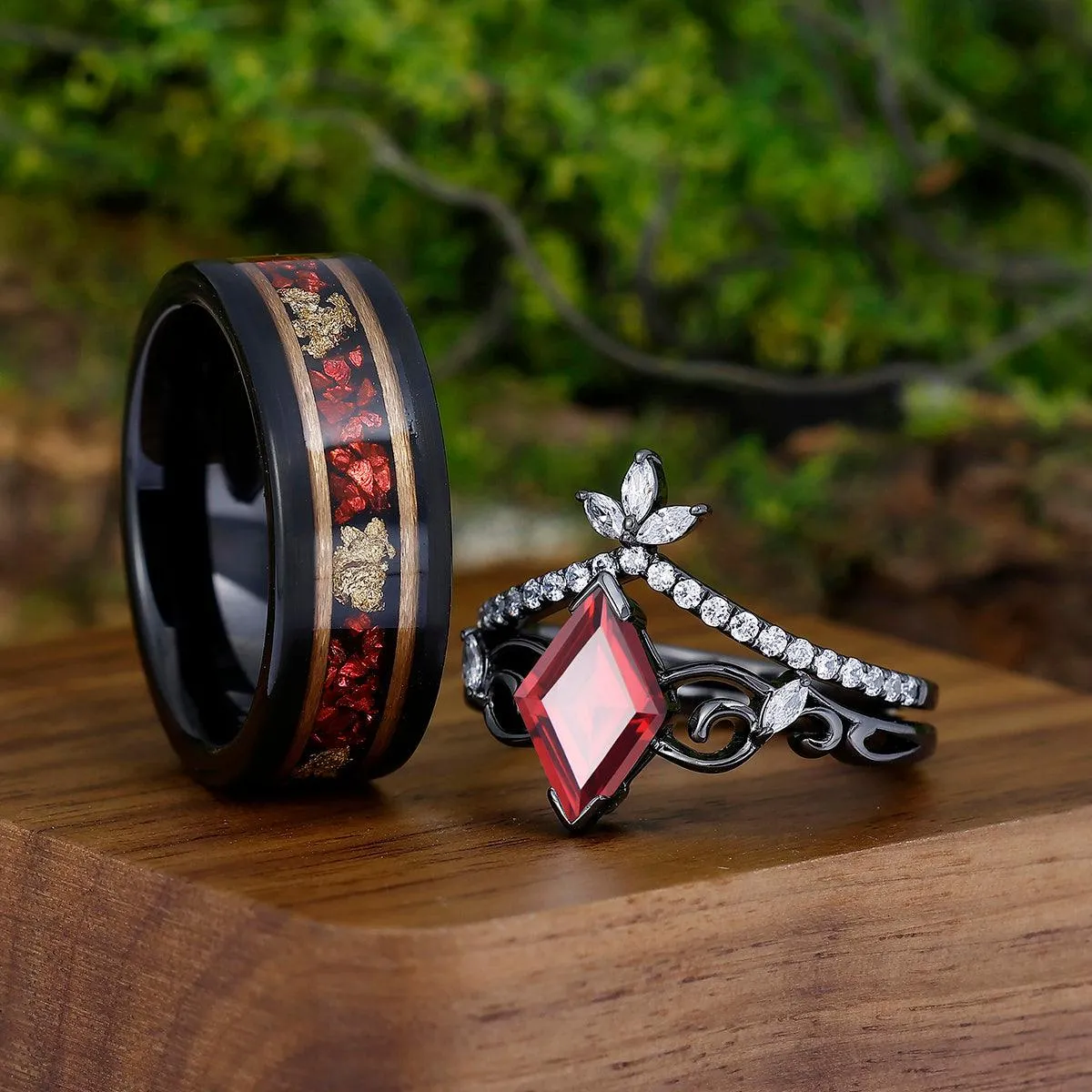 Retro Natural Red Garnet Engagement Deco Milgrain Moissanite Couples Ring Set Ruby Tungsten Matching Ring