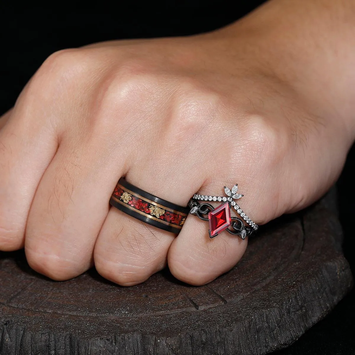 Retro Natural Red Garnet Engagement Deco Milgrain Moissanite Couples Ring Set Ruby Tungsten Matching Ring
