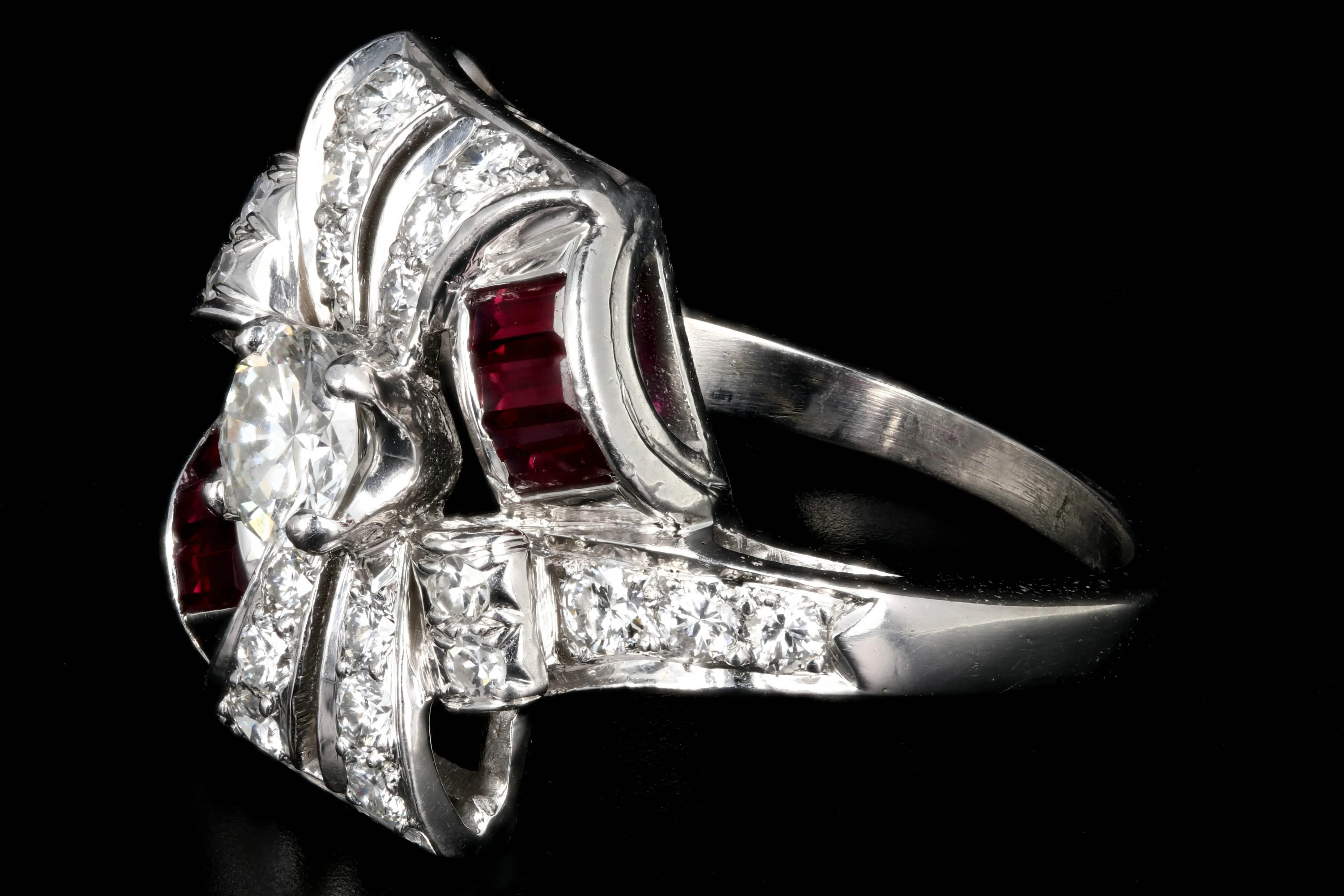Retro Platinum 1.16 Carat Diamond and Ruby Cocktail Ring