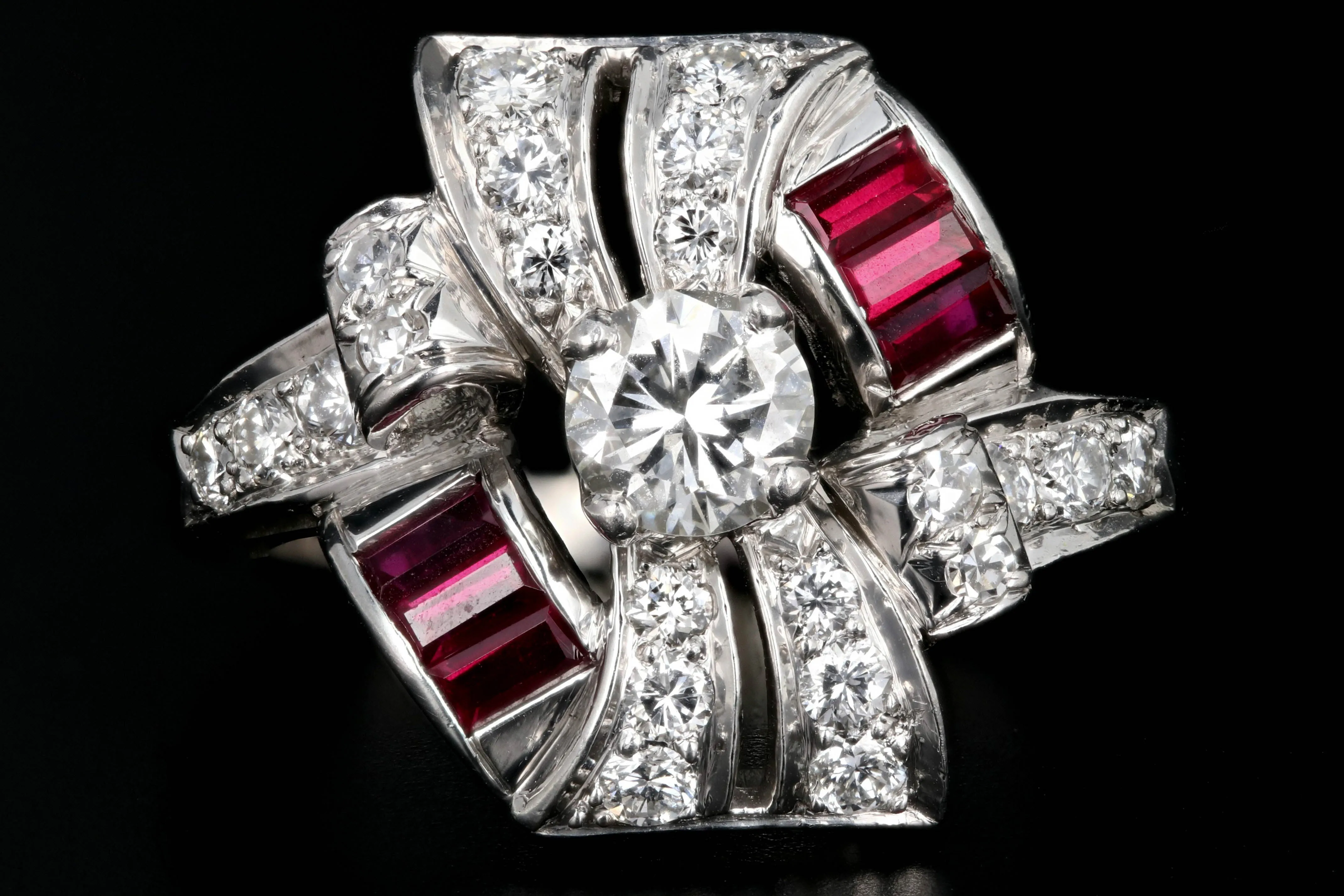 Retro Platinum 1.16 Carat Diamond and Ruby Cocktail Ring