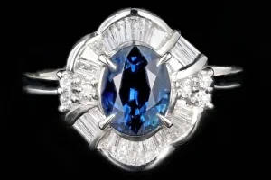 Retro Platinum 1.26 Carat Natural Blue Sapphire and Diamond Ring