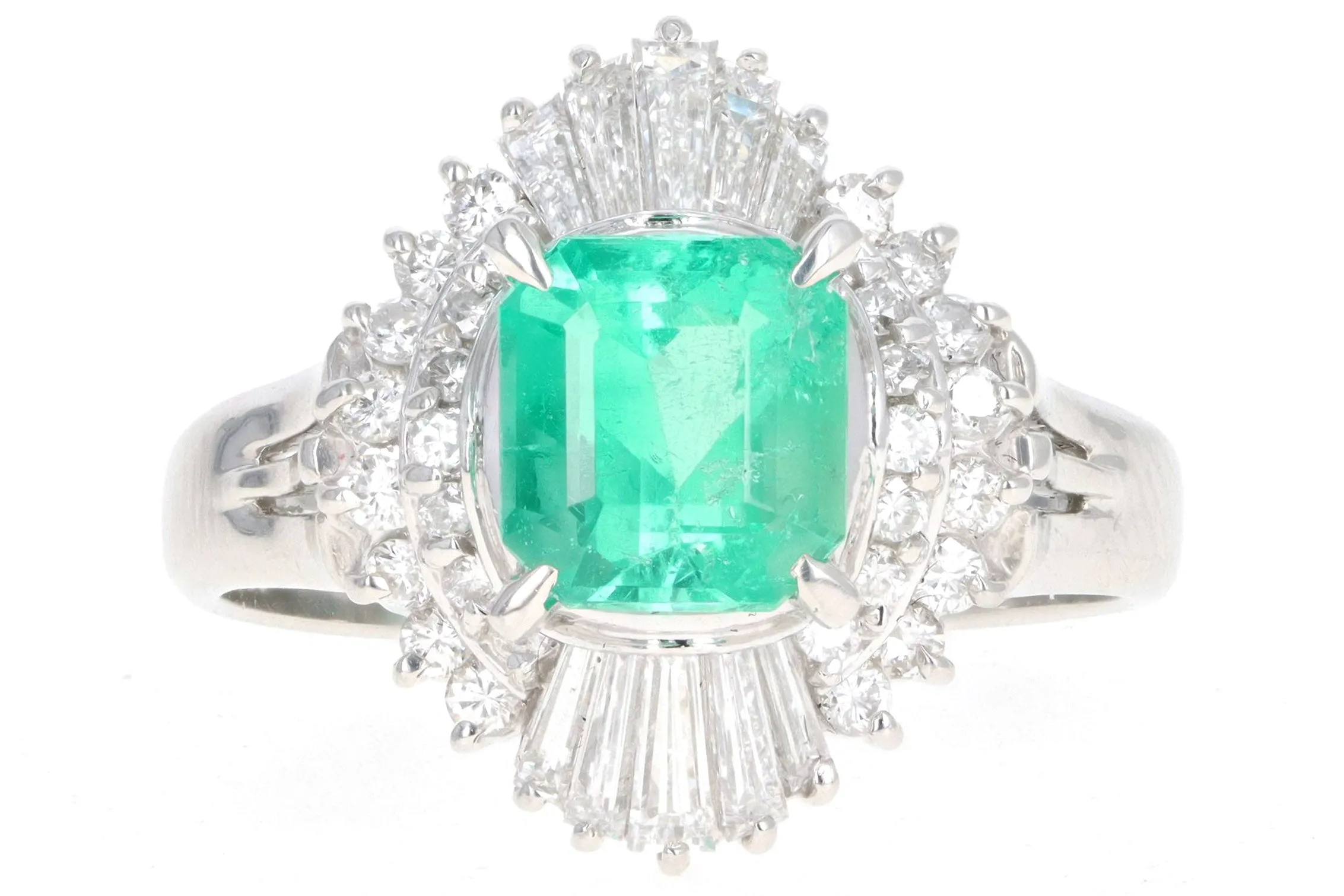 Retro Platinum 1.28 Carat Emerald & Diamond Fan Ring