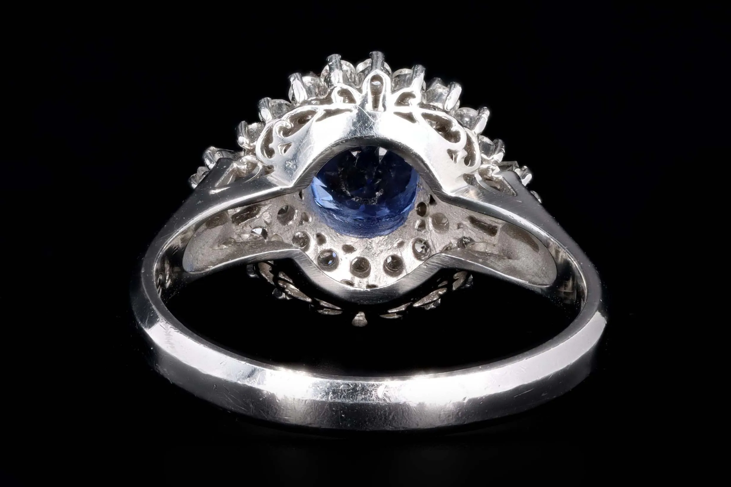 Retro Platinum 1.38 Carat Cushion Cut Natural Sapphire & Diamond Fan Ring