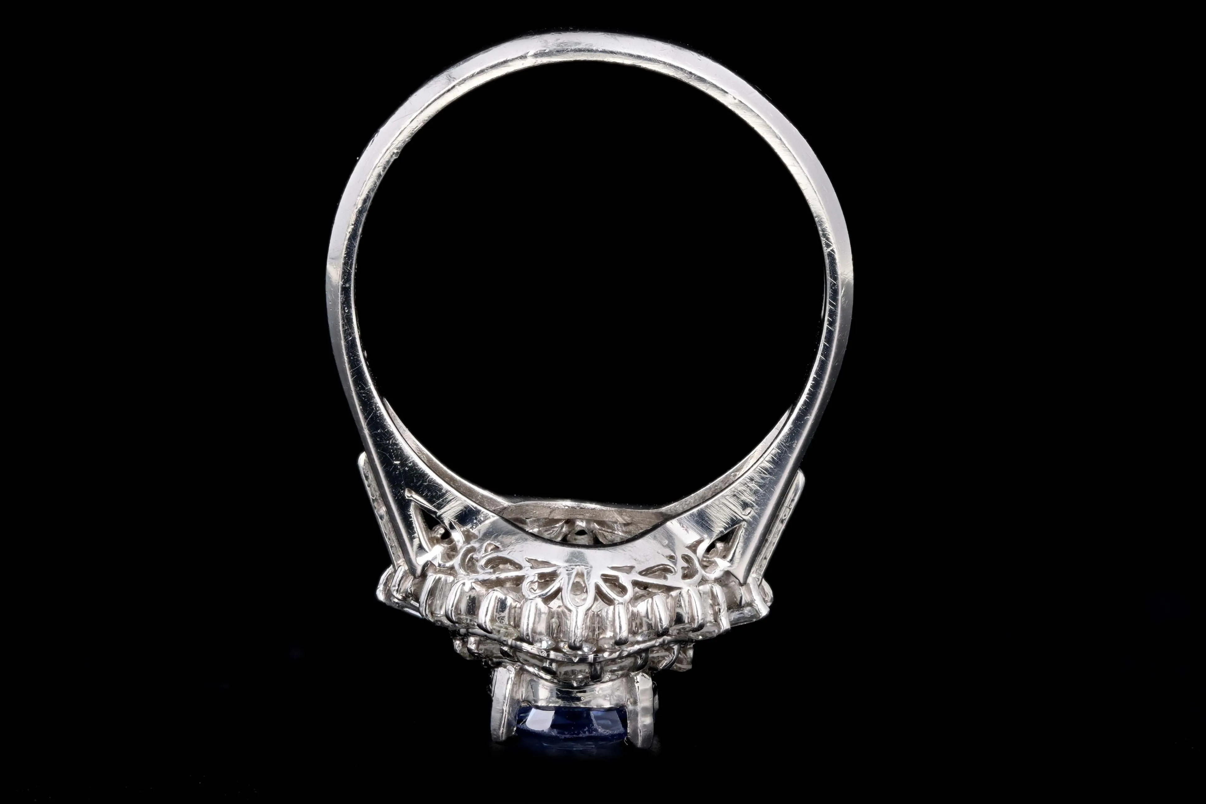 Retro Platinum 1.38 Carat Cushion Cut Natural Sapphire & Diamond Fan Ring
