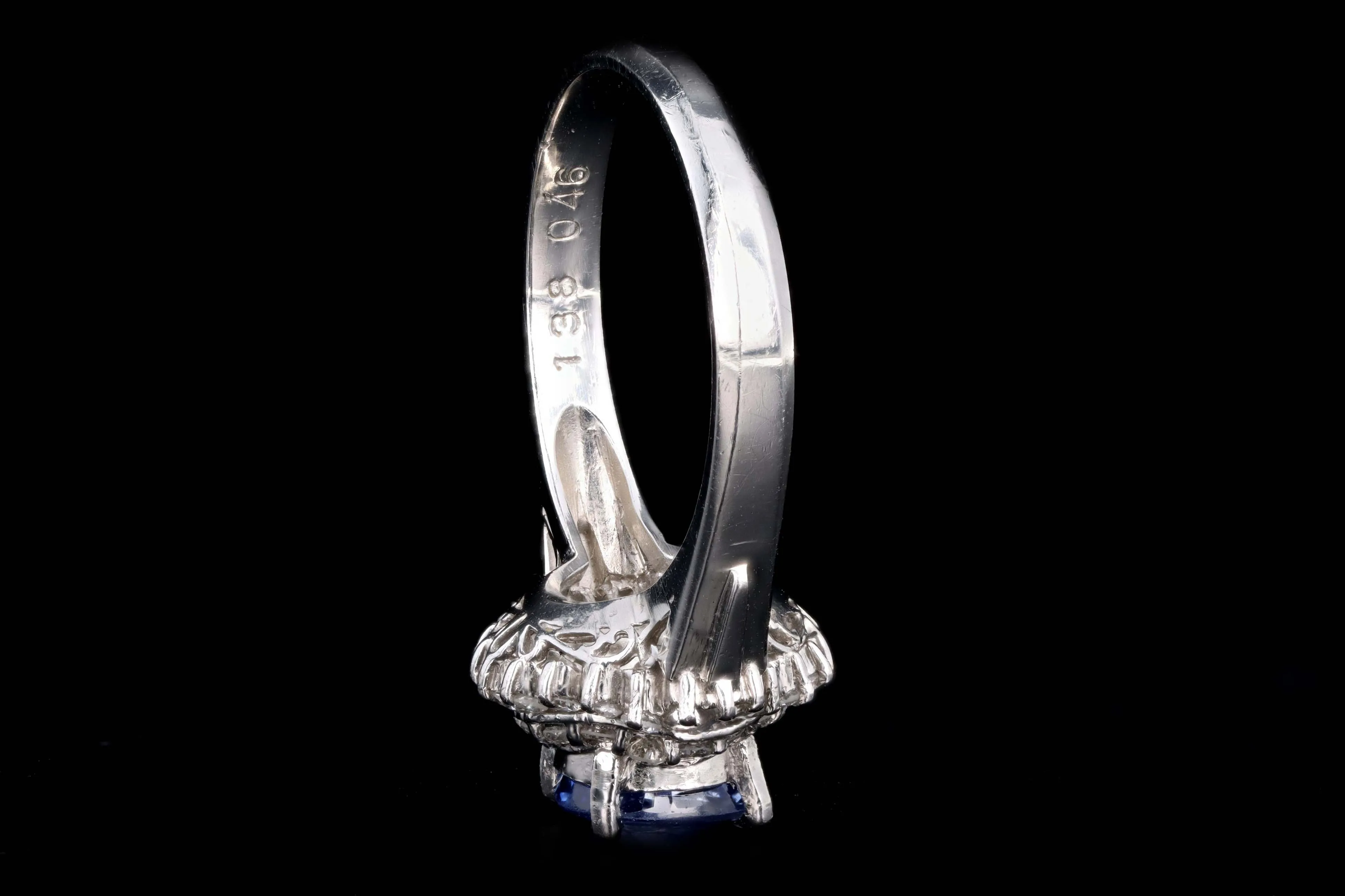 Retro Platinum 1.38 Carat Cushion Cut Natural Sapphire & Diamond Fan Ring