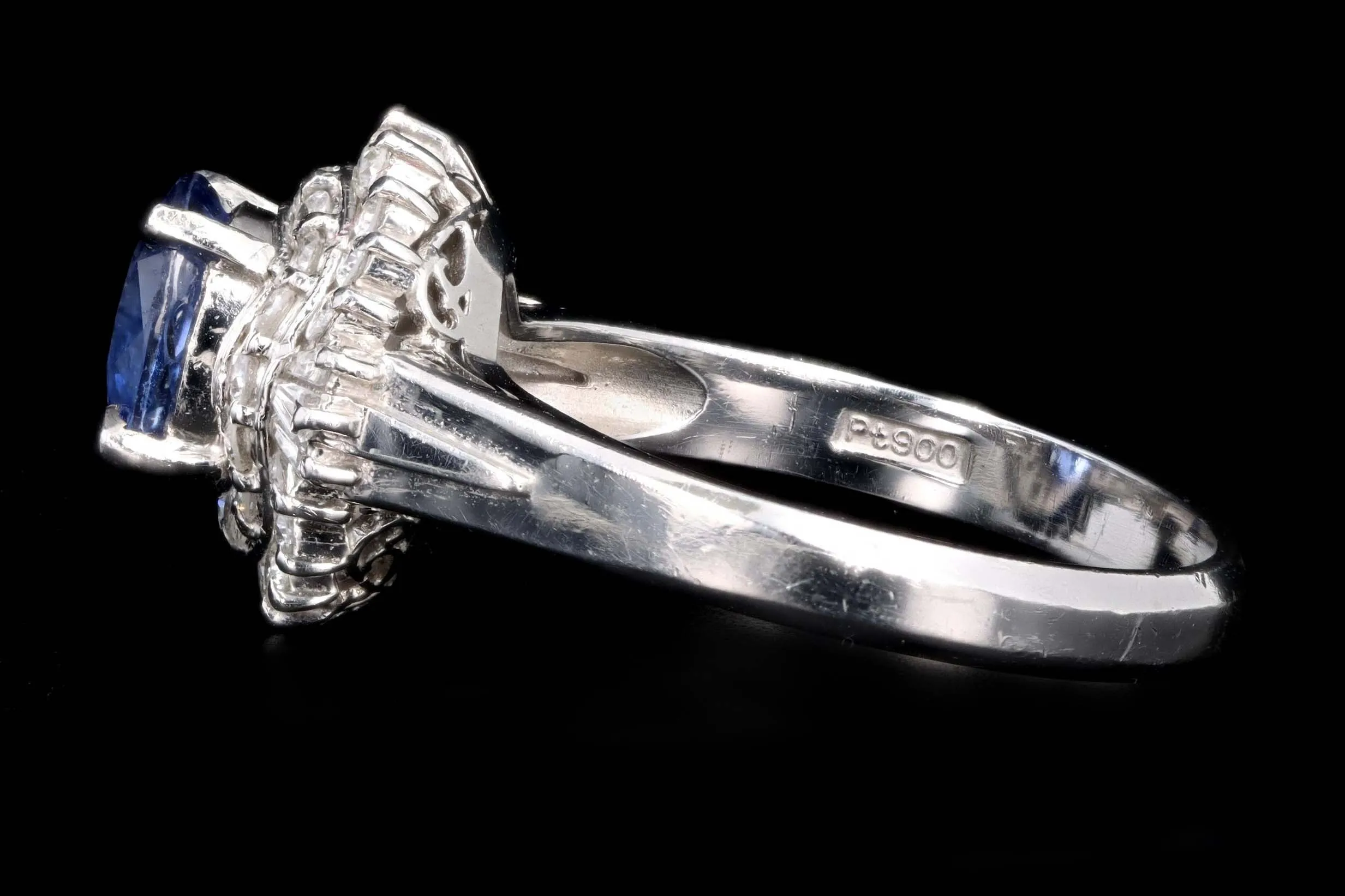 Retro Platinum 1.38 Carat Cushion Cut Natural Sapphire & Diamond Fan Ring