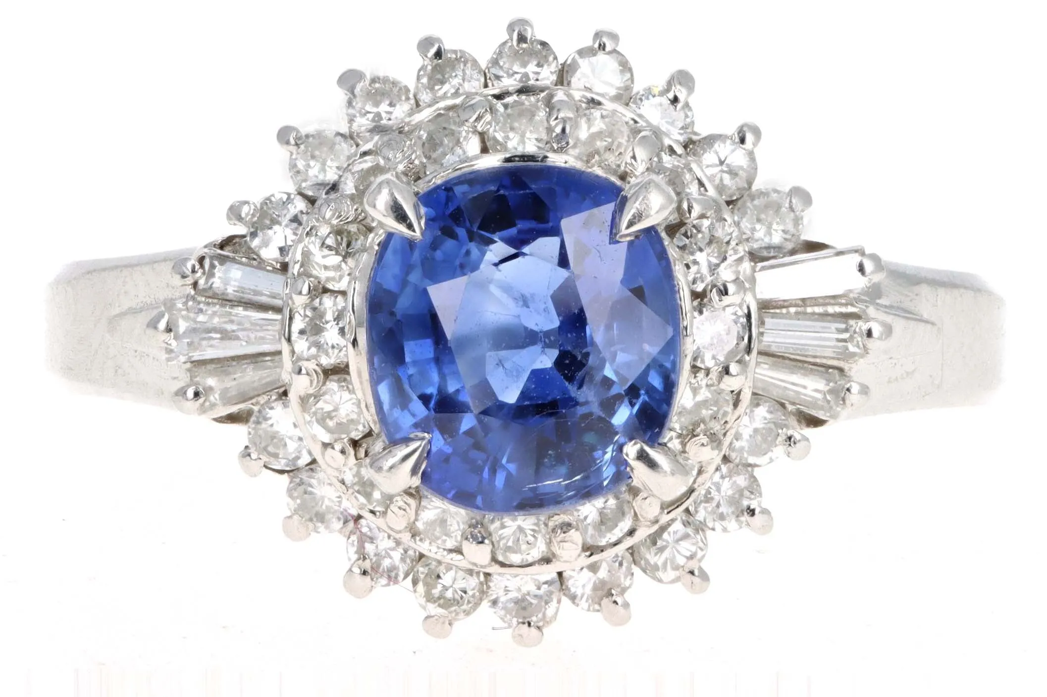 Retro Platinum 1.38 Carat Cushion Cut Natural Sapphire & Diamond Fan Ring