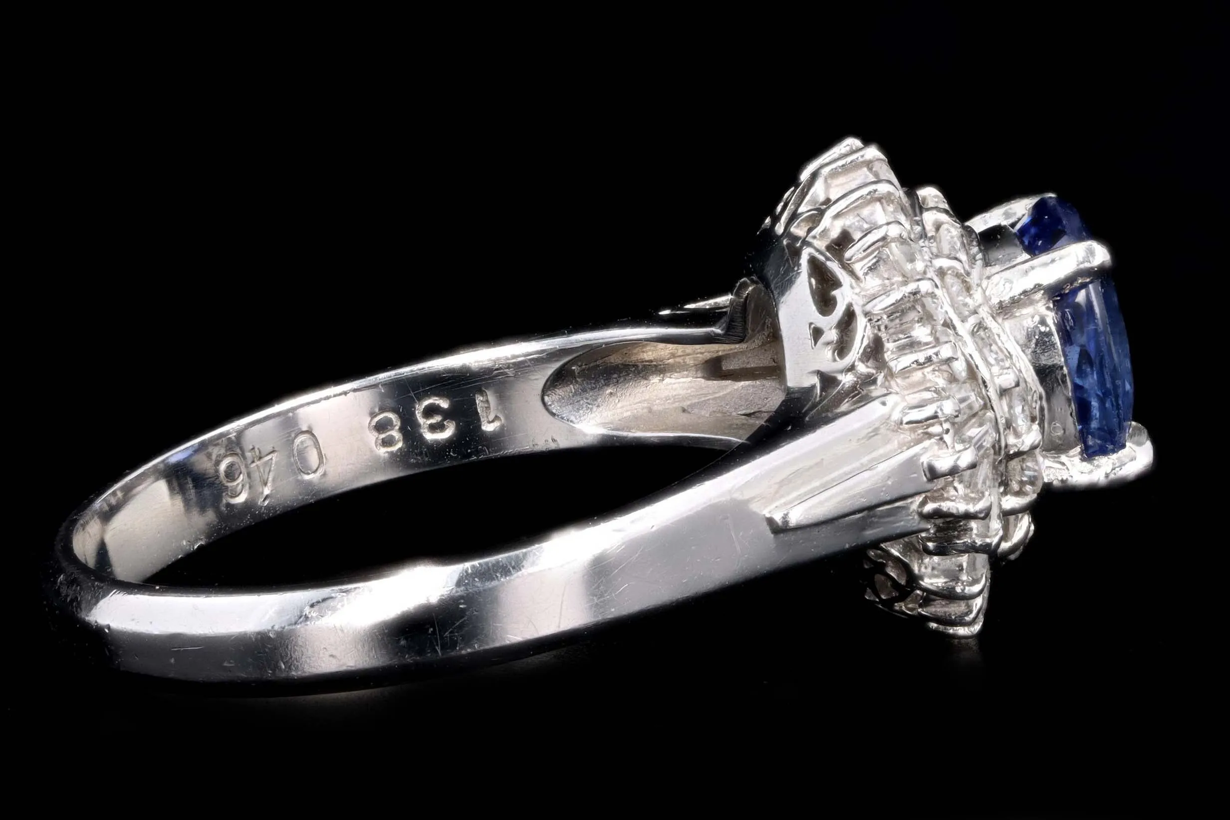 Retro Platinum 1.38 Carat Cushion Cut Natural Sapphire & Diamond Fan Ring
