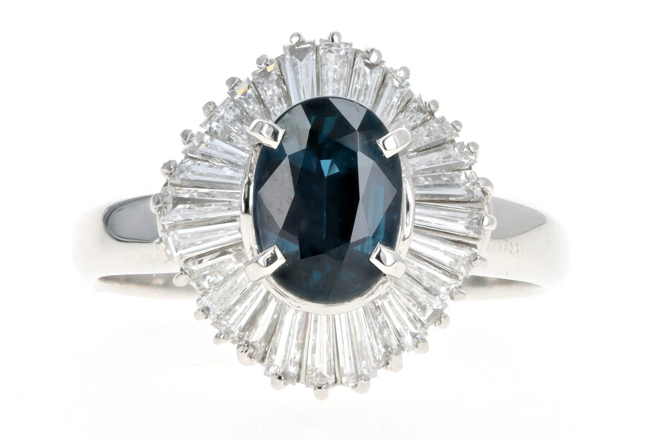 Retro Platinum 1.43 Carat Oval Natural Sapphire & Baguette Diamond Ballerina Ring