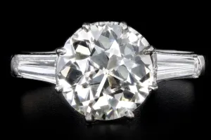 Retro Platinum 1.52 Carat Old European Cut Diamond & Tapered Baguette Diamond Engagement Ring