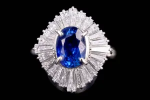 Retro Platinum 1.62 Carat Oval Natural Sapphire & Diamond Ring