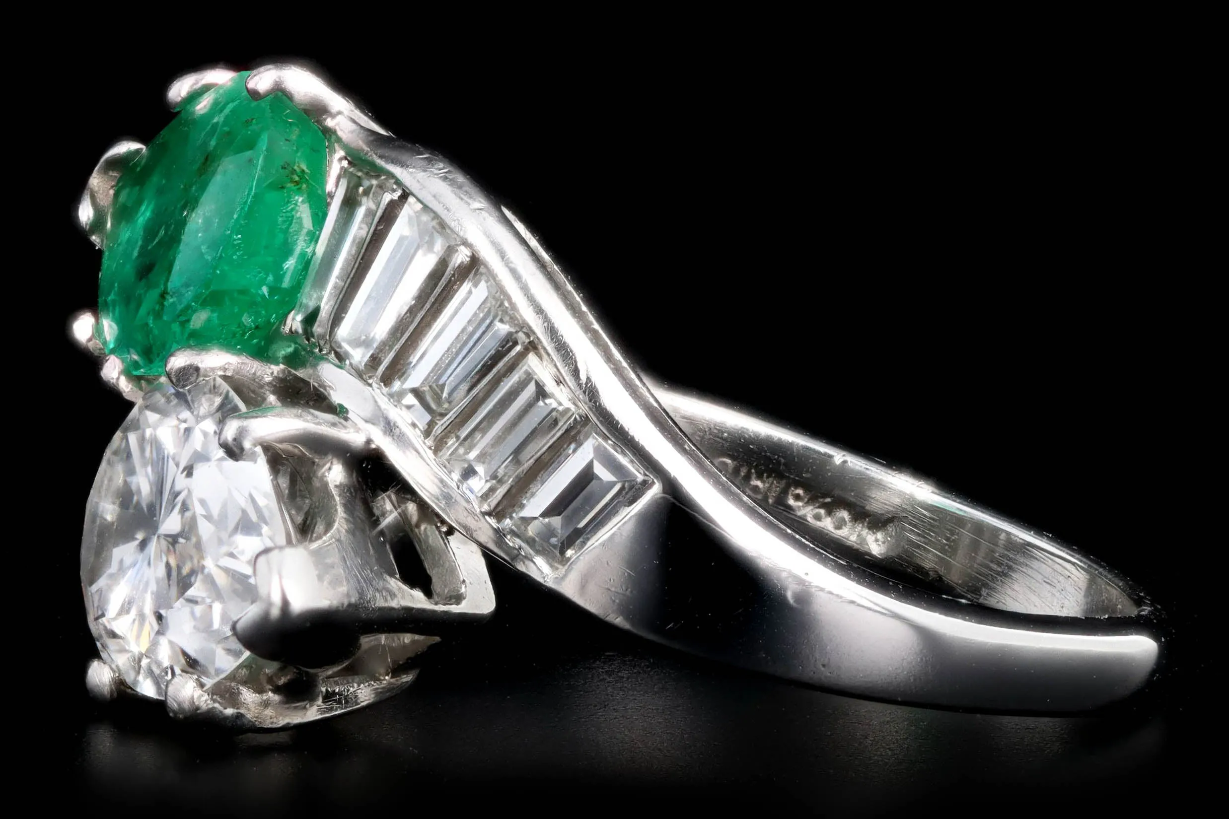 Retro Platinum 1.91 Carat Pear Diamond & 1.5 Carat Natural Emerald Toi Et Moi Ring GIA Certified