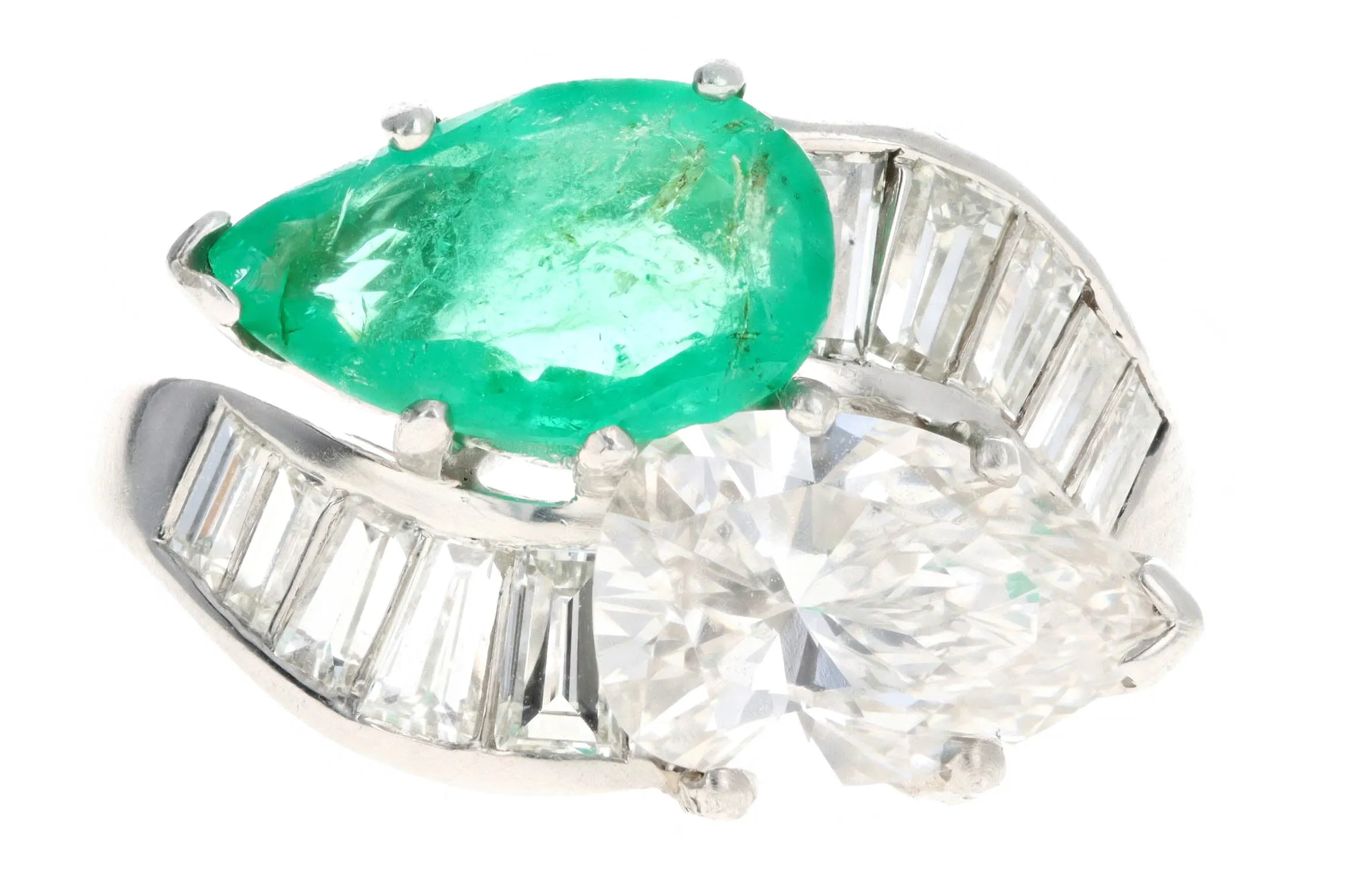Retro Platinum 1.91 Carat Pear Diamond & 1.5 Carat Natural Emerald Toi Et Moi Ring GIA Certified
