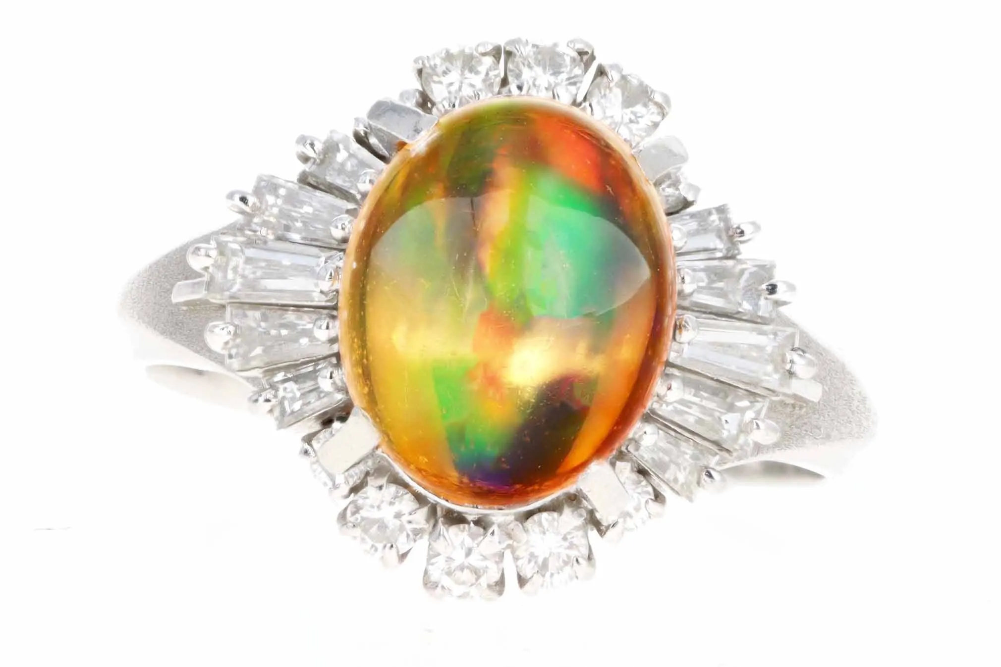Retro Platinum 2.45 Carat Mexican Fire Opal & Baguette Diamond Ballerina Ring