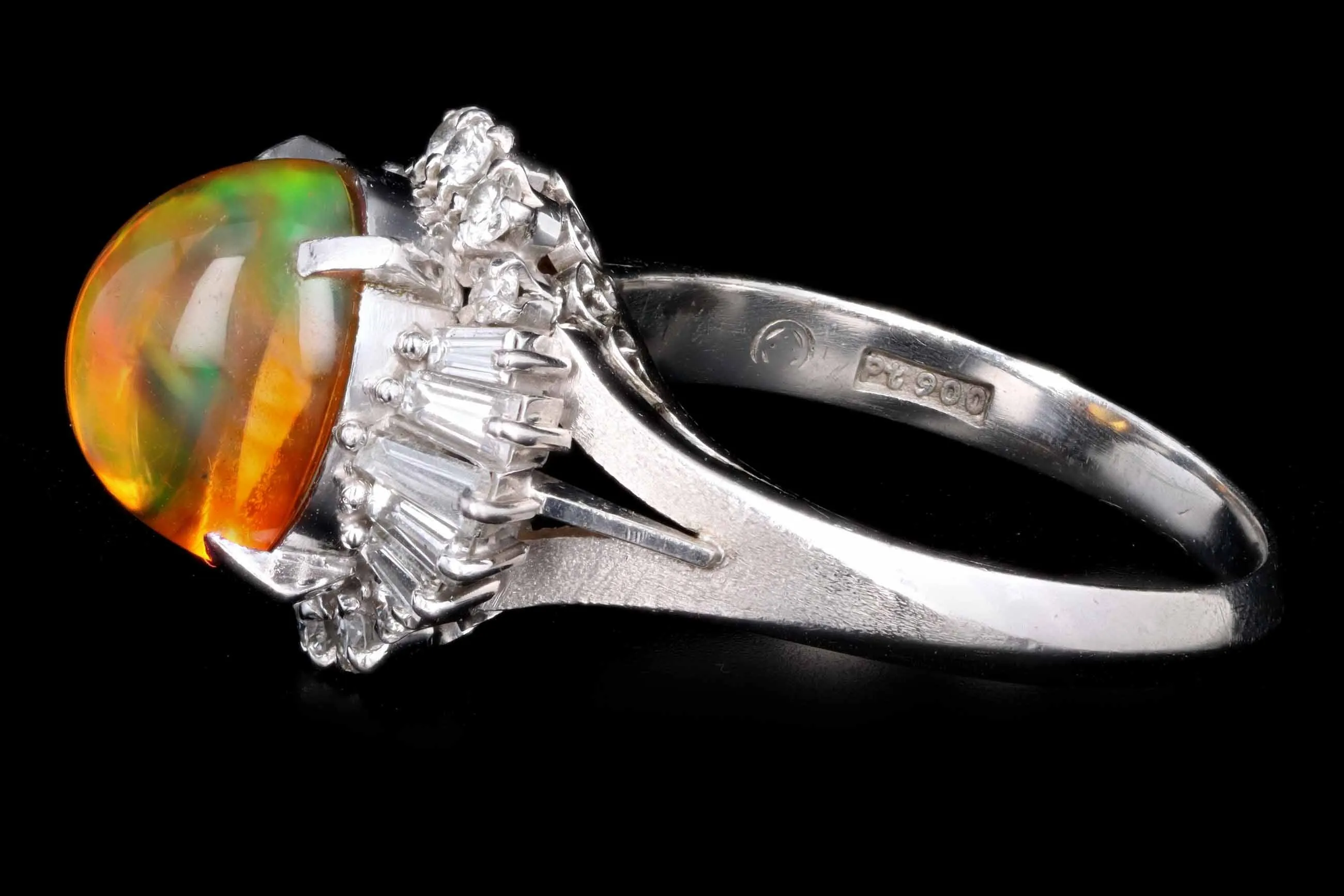 Retro Platinum 2.45 Carat Mexican Fire Opal & Baguette Diamond Ballerina Ring