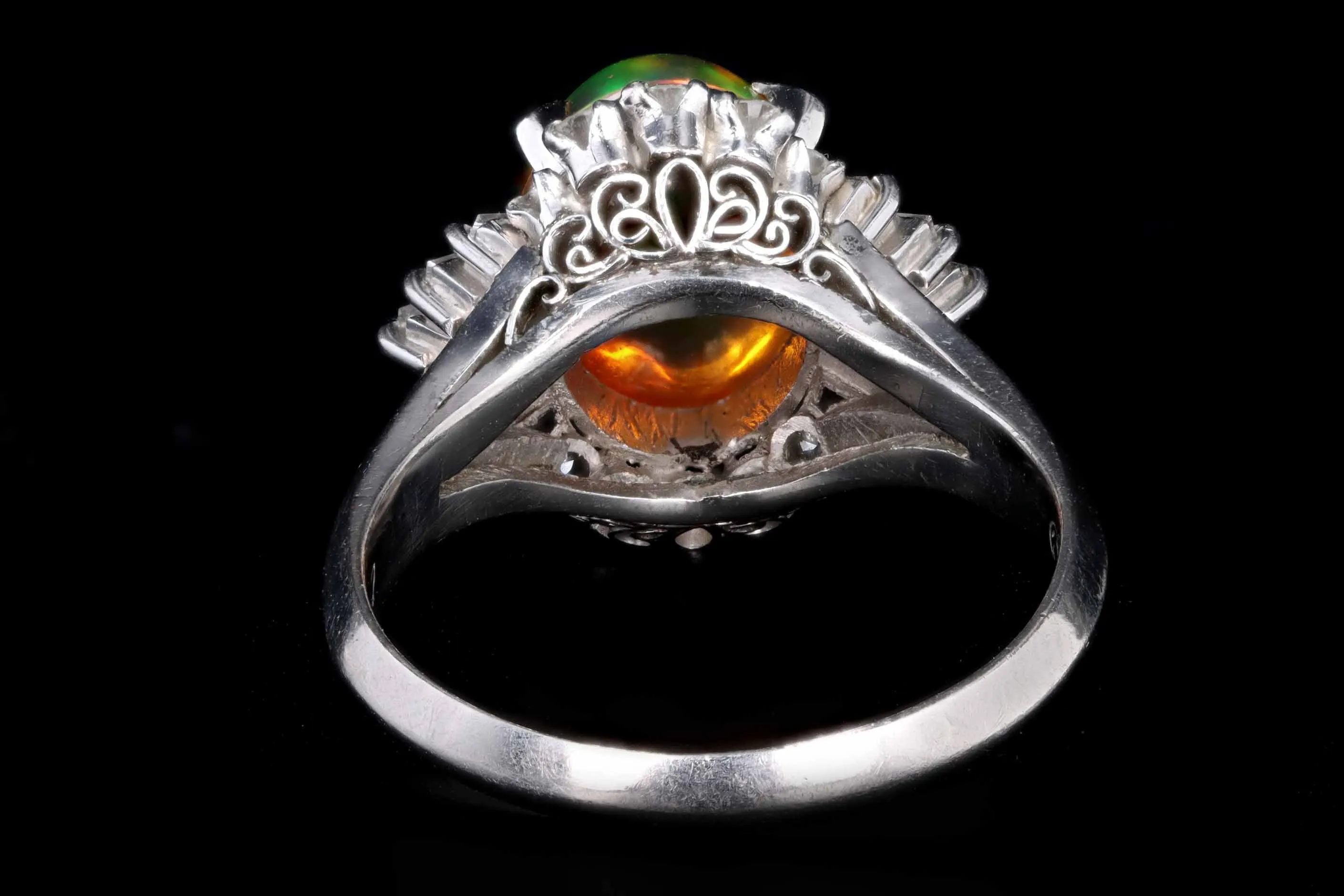 Retro Platinum 2.45 Carat Mexican Fire Opal & Baguette Diamond Ballerina Ring