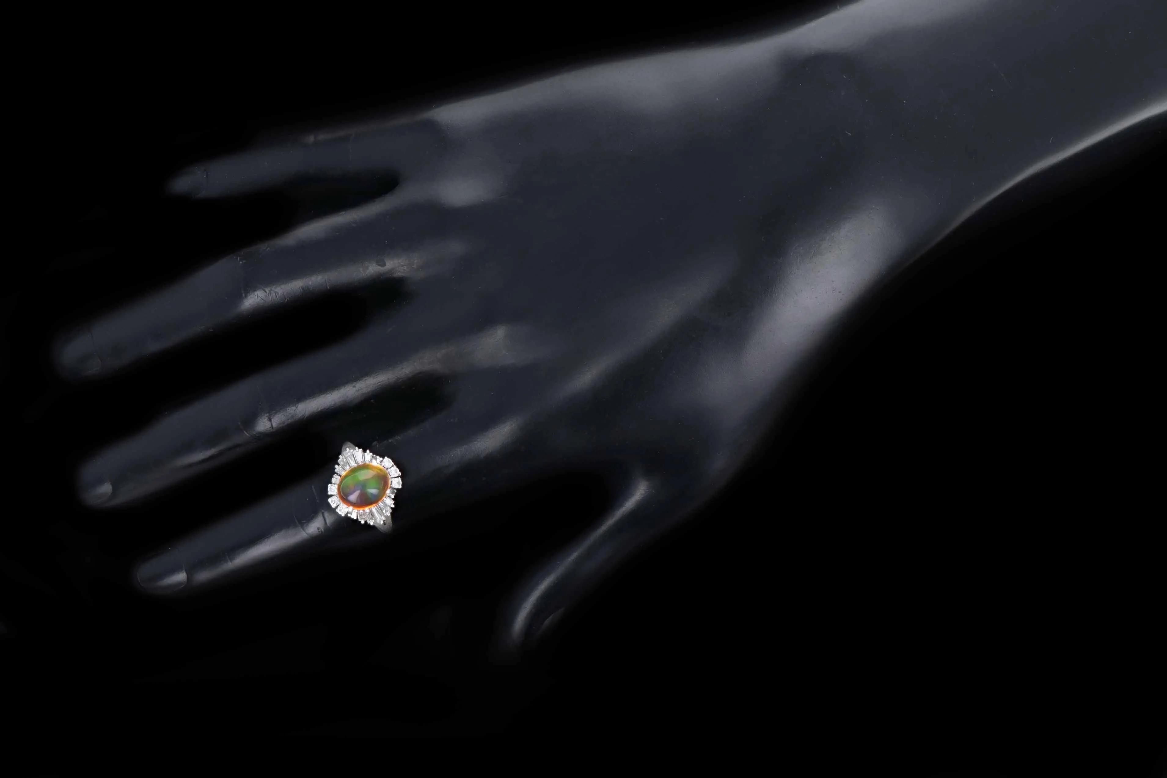 Retro Platinum 2.45 Carat Mexican Fire Opal & Baguette Diamond Ballerina Ring