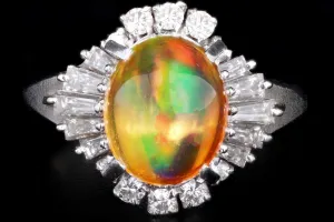Retro Platinum 2.45 Carat Mexican Fire Opal & Baguette Diamond Ballerina Ring
