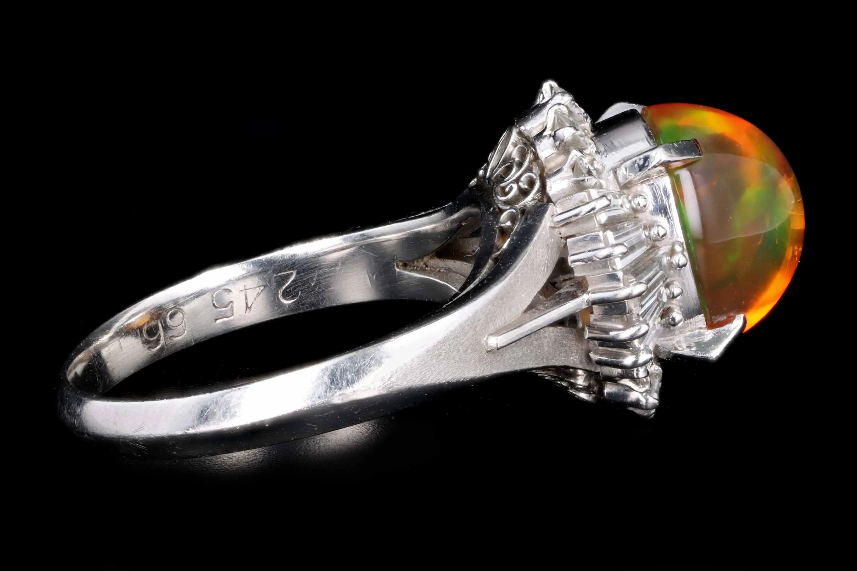 Retro Platinum 2.45 Carat Mexican Fire Opal & Baguette Diamond Ballerina Ring
