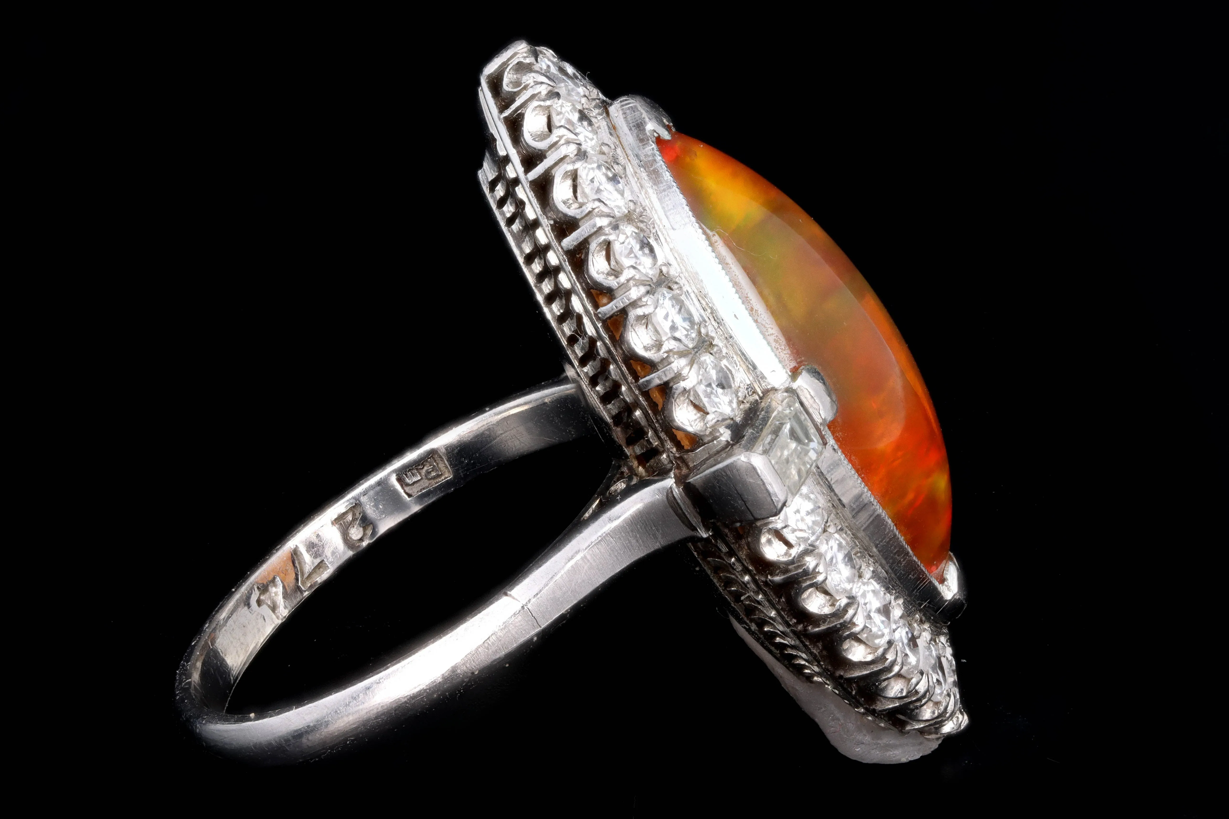 Retro Platinum 2.74 Carat Mexican Opal & Diamond Ring