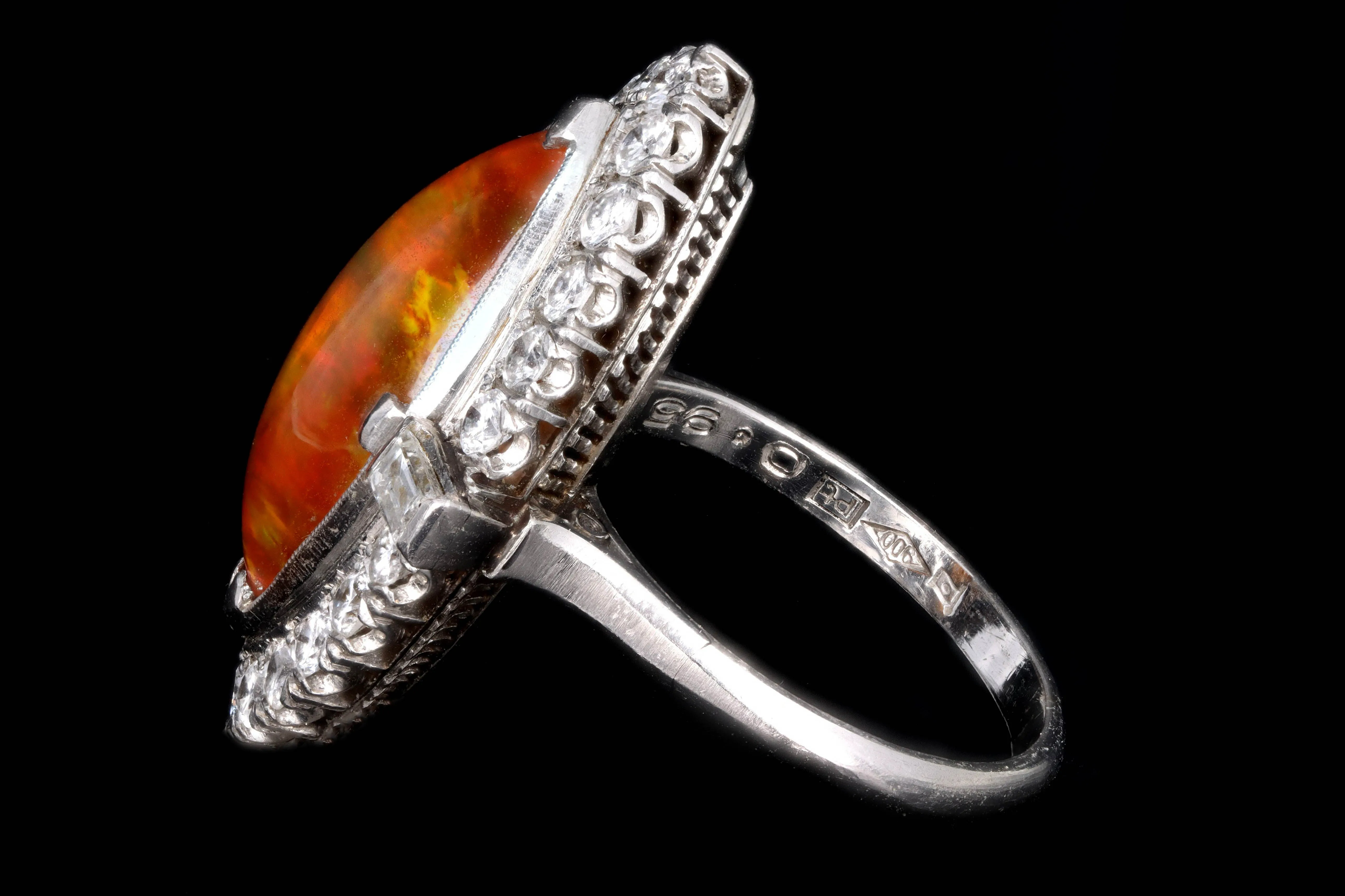 Retro Platinum 2.74 Carat Mexican Opal & Diamond Ring