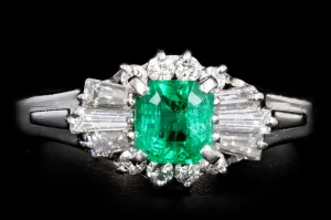 Retro Platinum .40 Carat Natural Emerald & Diamond Ballerina Ring