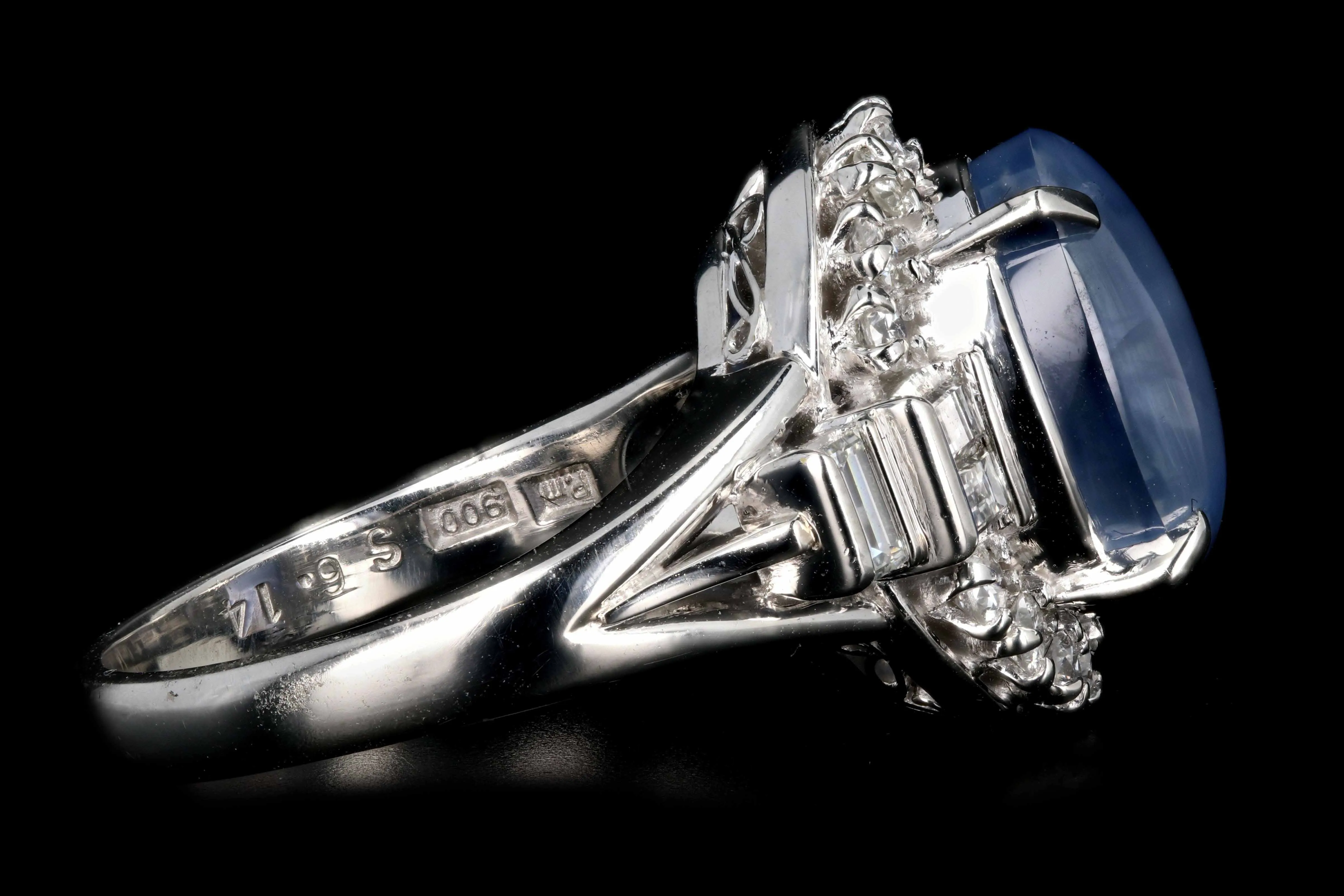 Retro Platinum 6.14 Carat Star Sapphire and Diamond Ring