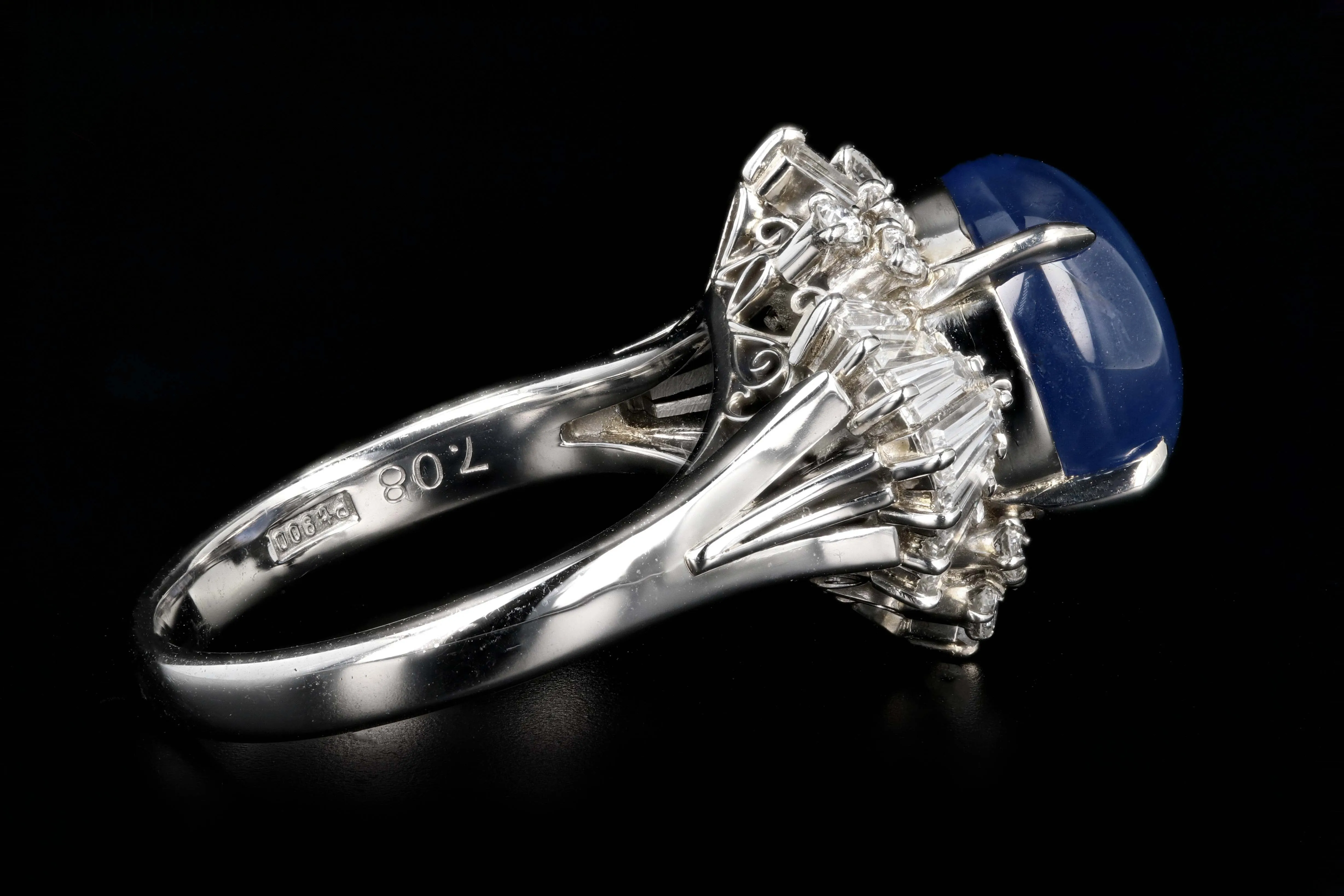 Retro Platinum 7.08 Carat Star Sapphire and Diamond Ring