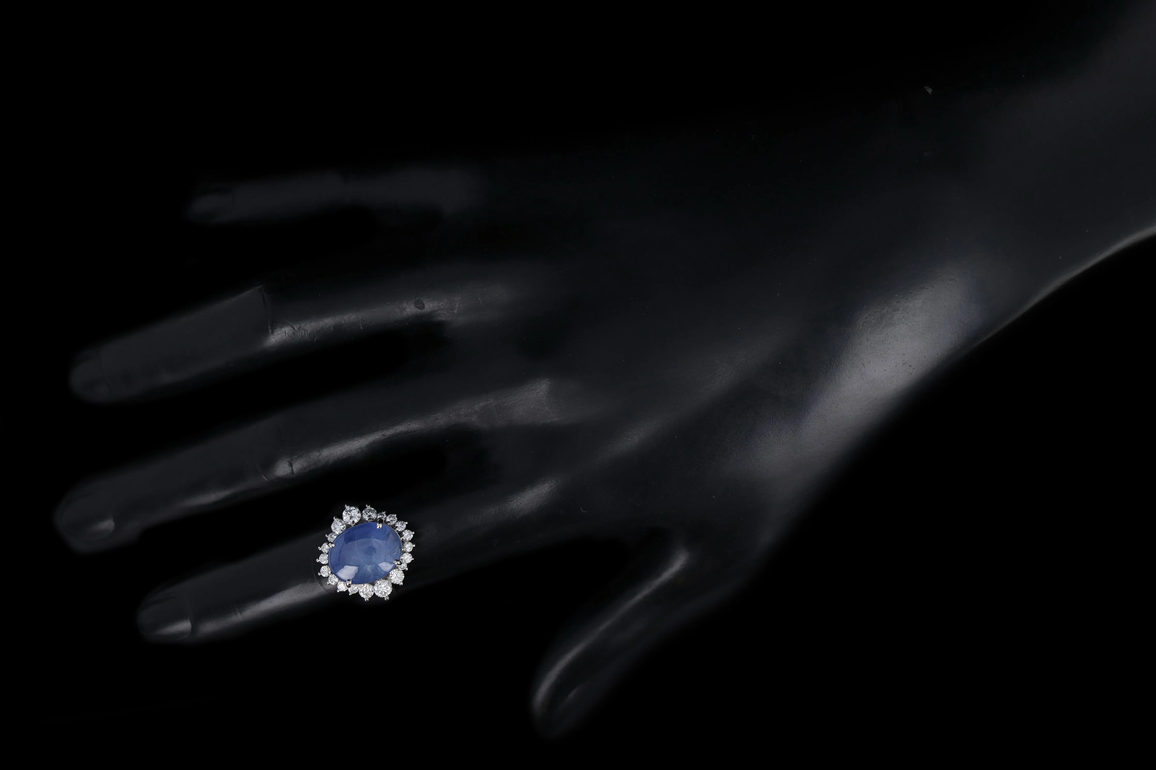Retro Platinum 9.95 Carat Oval Cabochon Cut Natural Star Sapphire & Diamond BallerinaRing