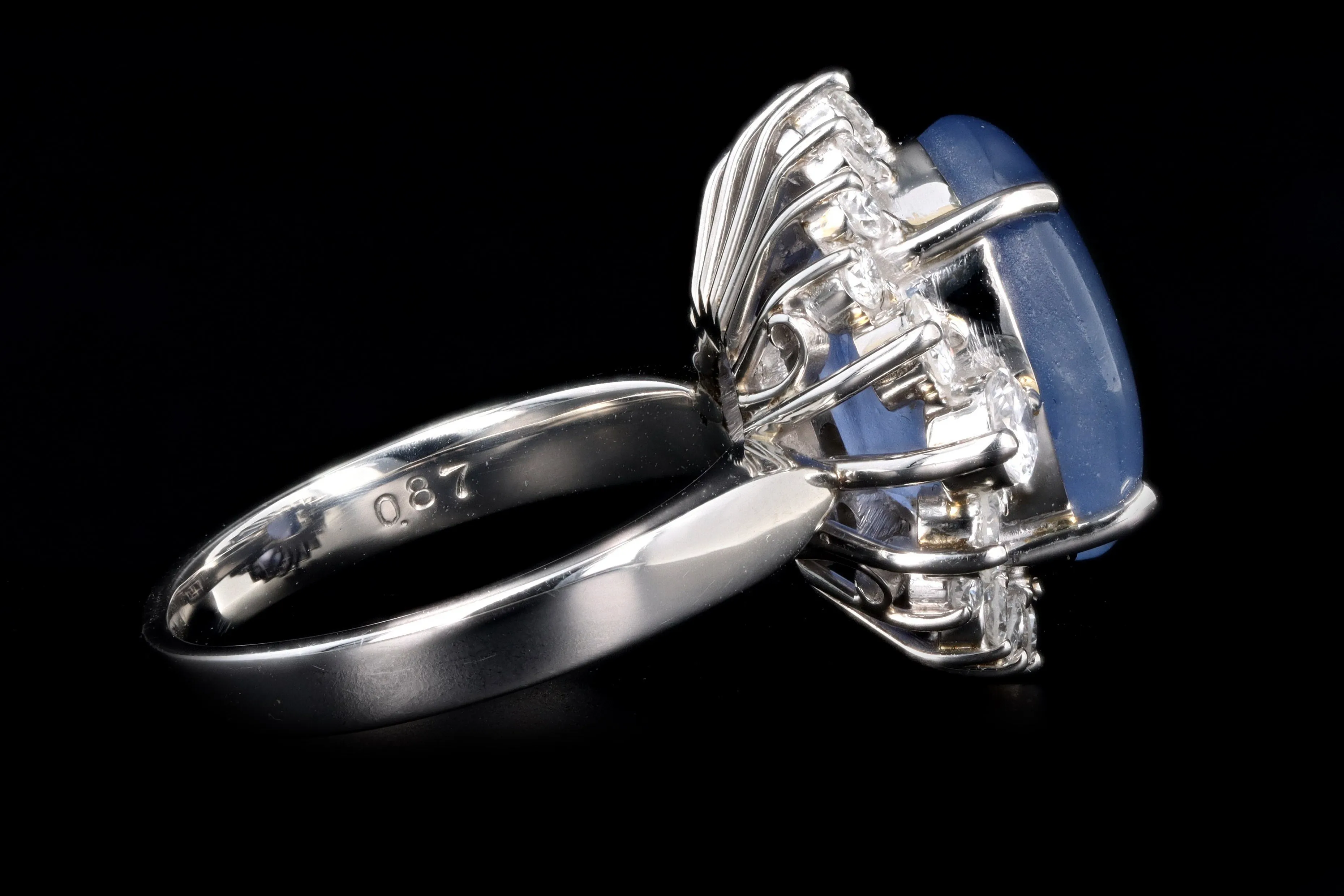 Retro Platinum 9.95 Carat Oval Cabochon Cut Natural Star Sapphire & Diamond BallerinaRing
