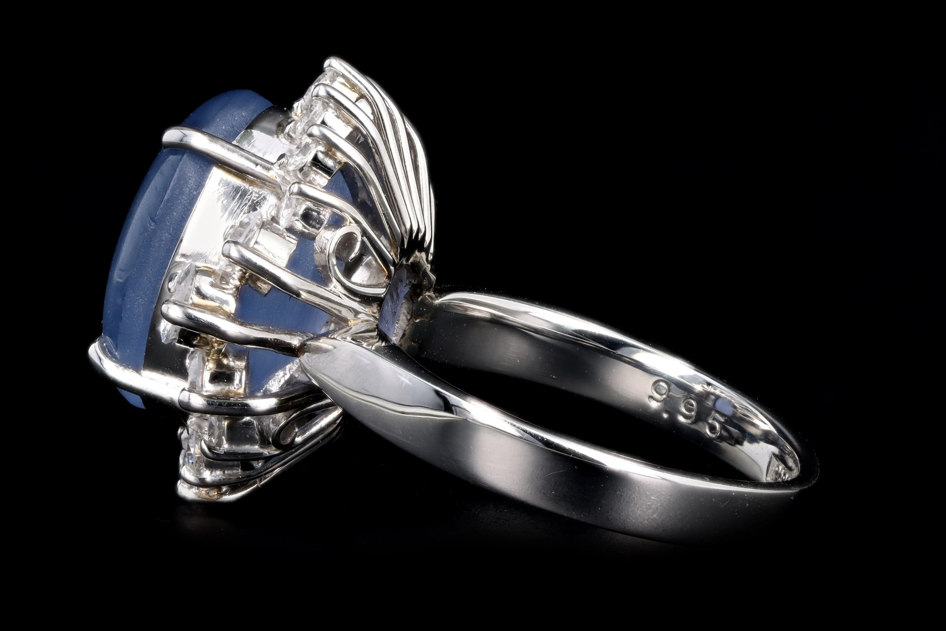 Retro Platinum 9.95 Carat Oval Cabochon Cut Natural Star Sapphire & Diamond BallerinaRing