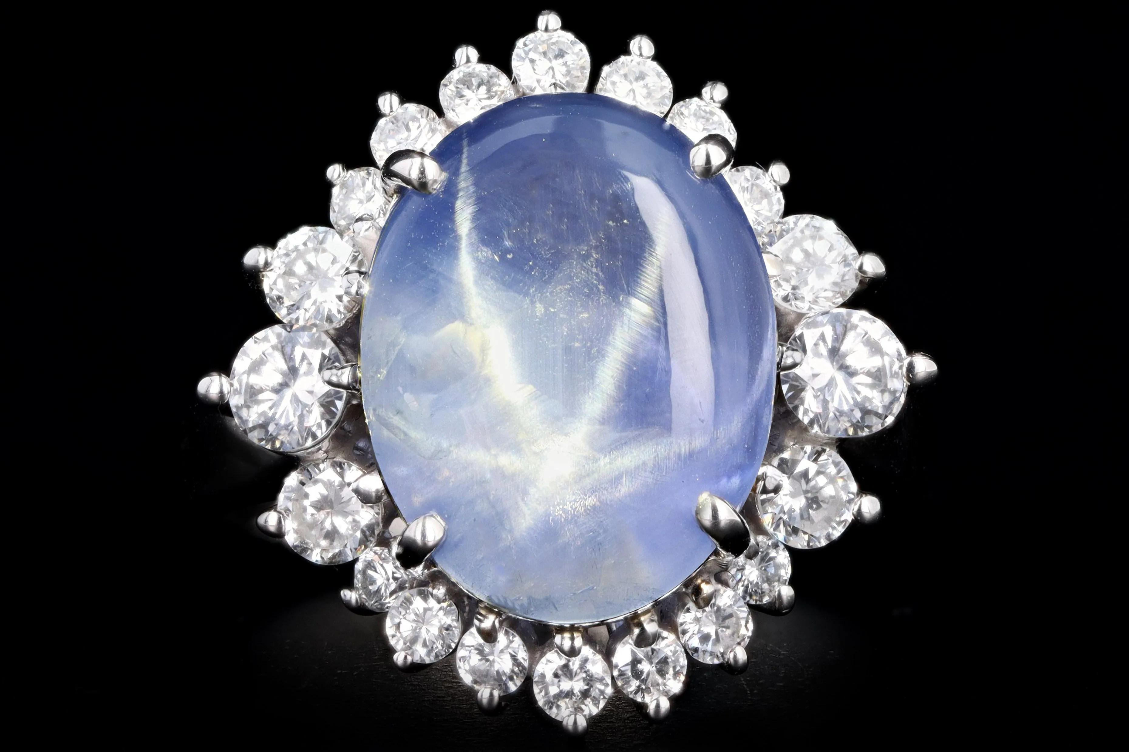 Retro Platinum 9.95 Carat Oval Cabochon Cut Natural Star Sapphire & Diamond BallerinaRing