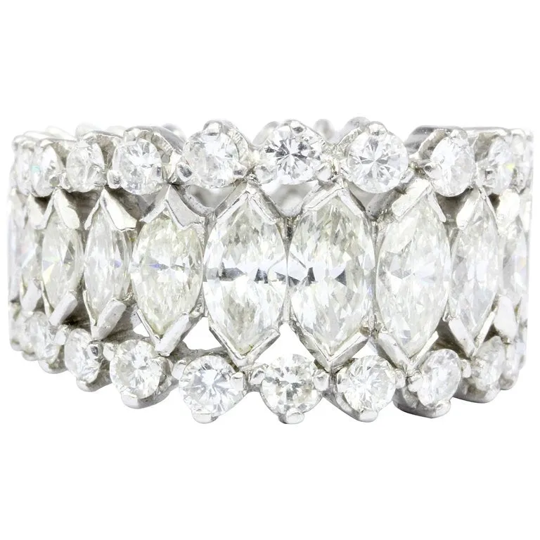 Retro Platinum Marquise and Round Brilliant Diamond Eternity Band Size 6