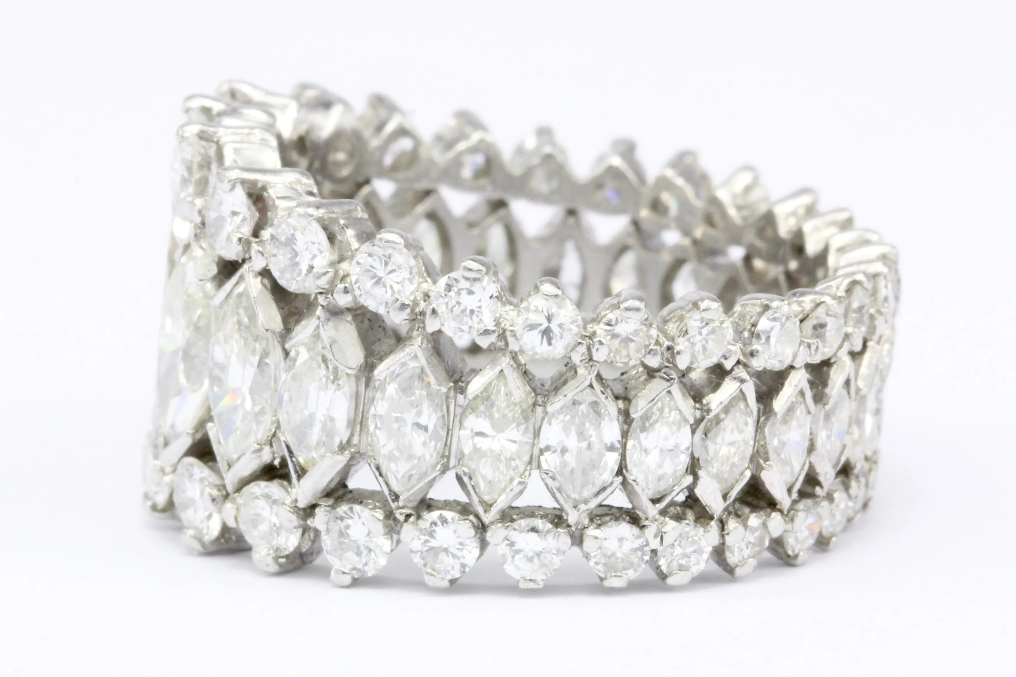 Retro Platinum Marquise and Round Brilliant Diamond Eternity Band Size 6