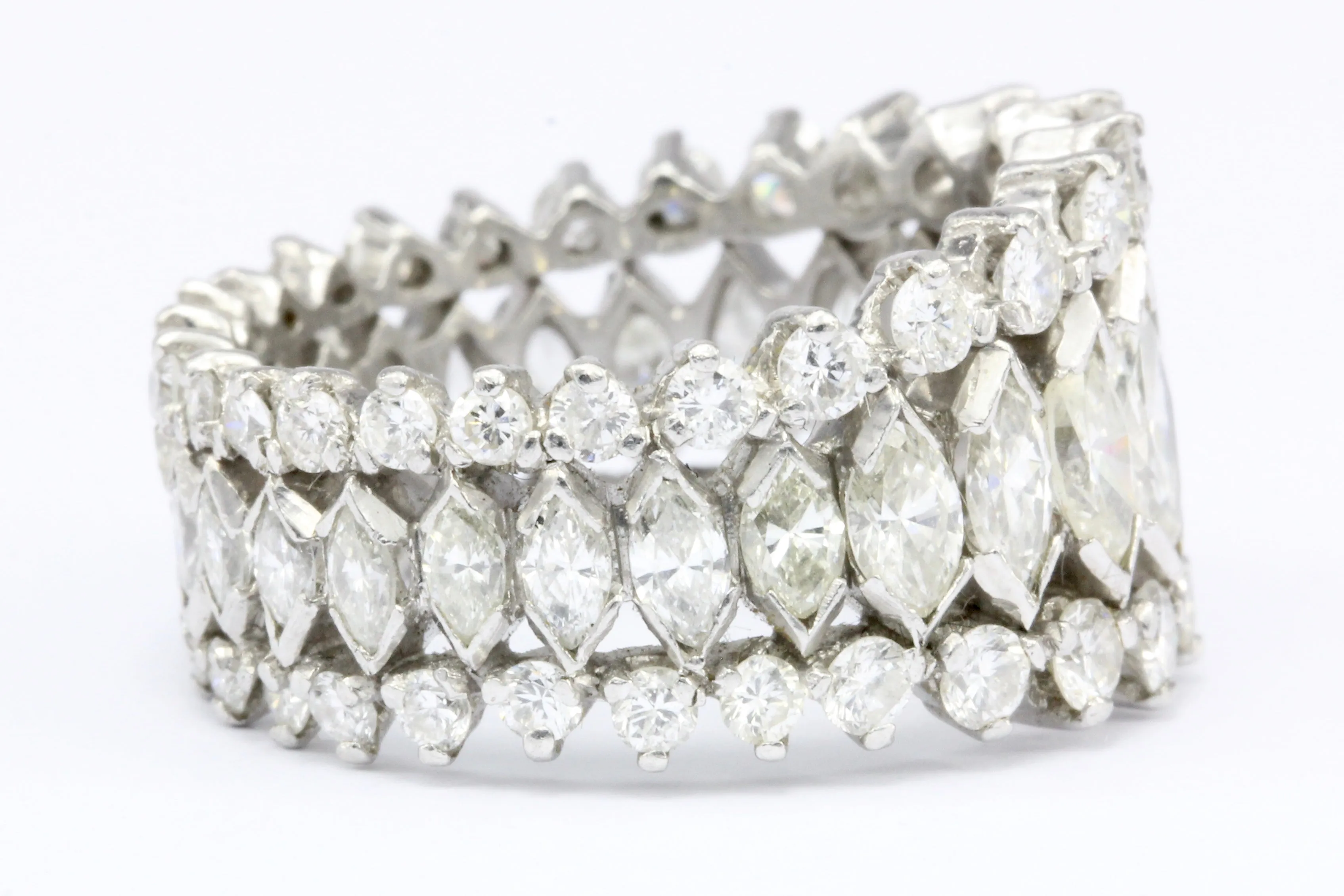 Retro Platinum Marquise and Round Brilliant Diamond Eternity Band Size 6
