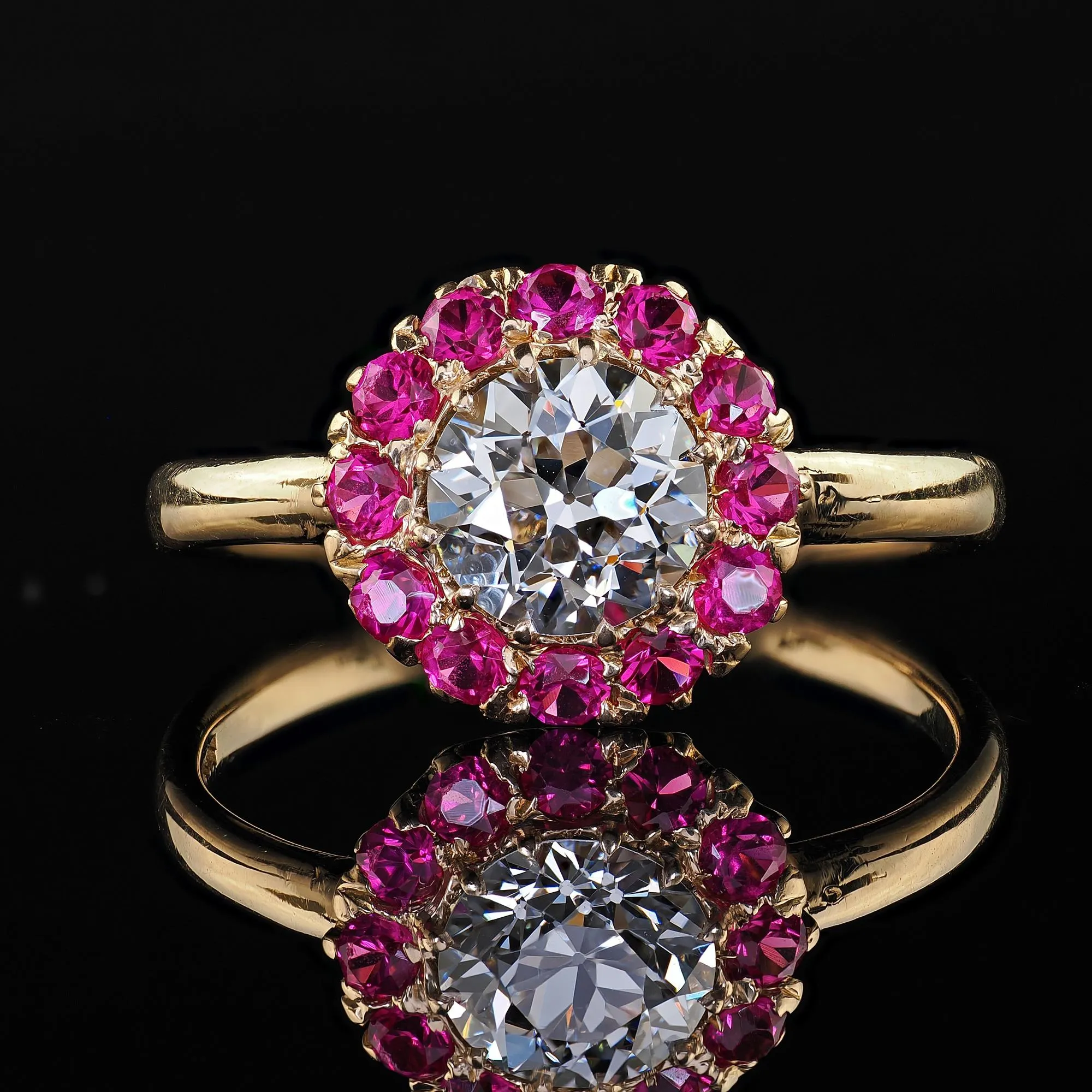 Retro Tiffany Co 18K Gold Old Diamond Pink Sapphire Halo Engagement Ring - GIA